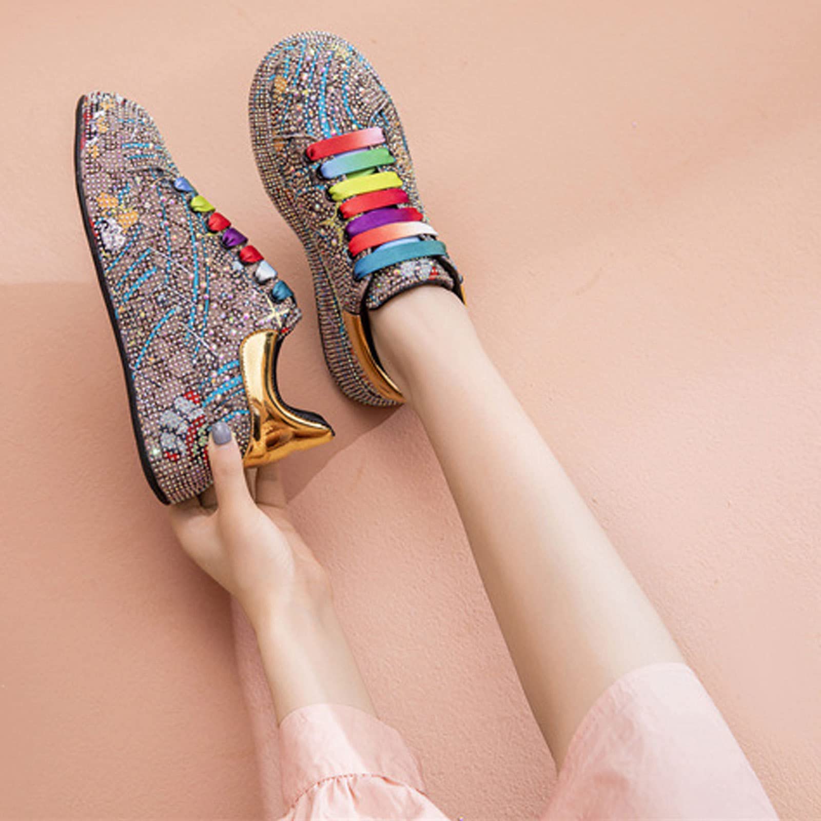 Sparkly Women's Sneakers with Rhinestones - Fashion Platform Trainers & Casual Shoes for Women | Gold Glitter Heels (Size 38 EU) - Perfect for Parties, Workouts & Everyday Wear