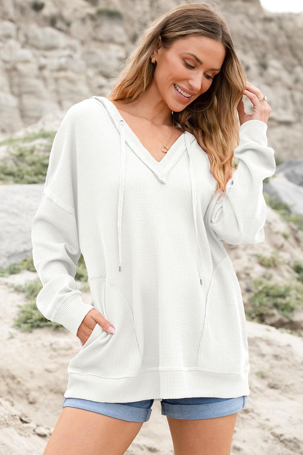 AlvaQ Women's Oversized Hoodie Sweatshirt - Casual Long Sleeve V-Neck Waffle Knit Pullover with Drawstring | Cozy Loungewear, Streetwear Fashion for Fall & Winter