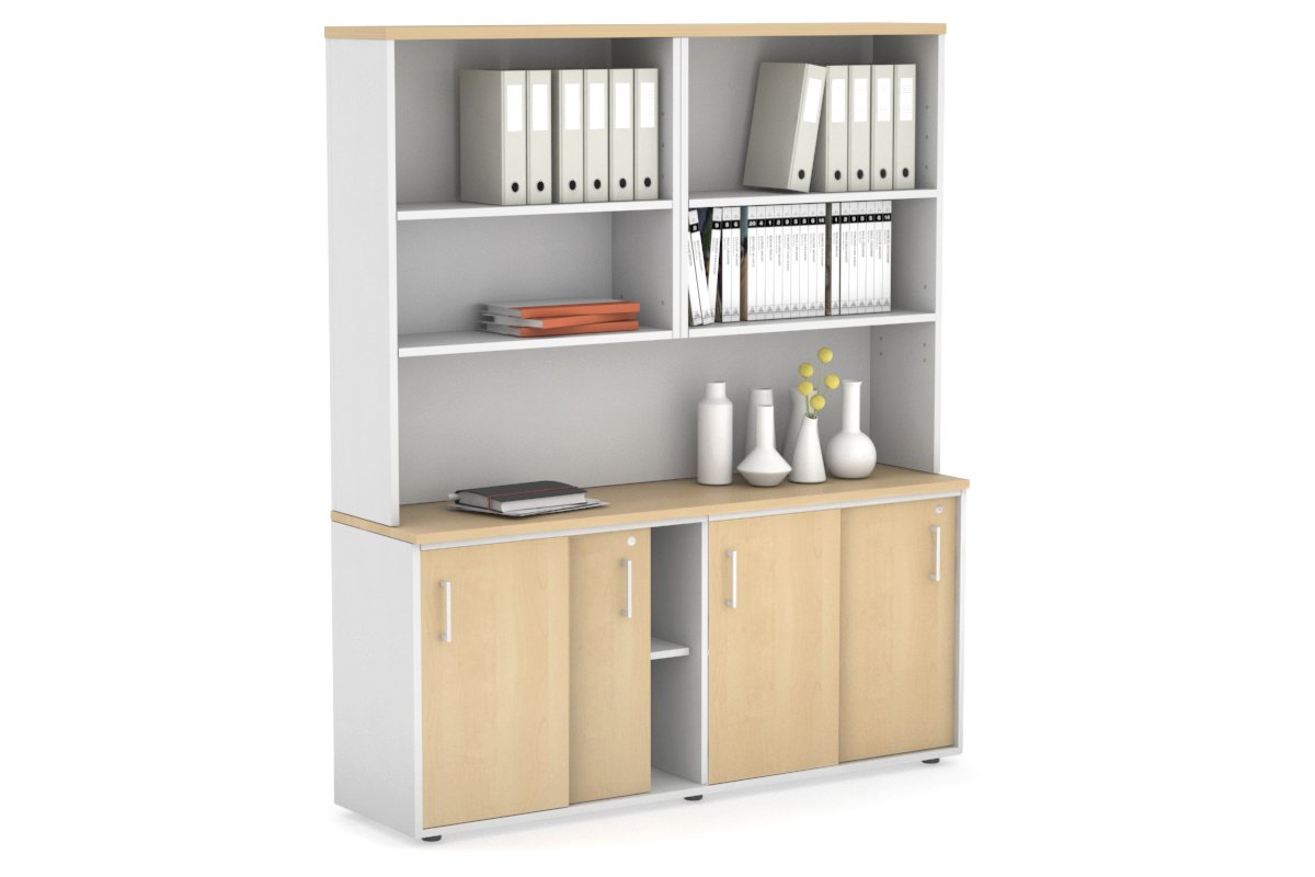Modern White Sliding Door Credenza with Open Hutch - 1600W x 750H x 450D - Perfect for Home Office, Living Room & Bedroom Storage Organization