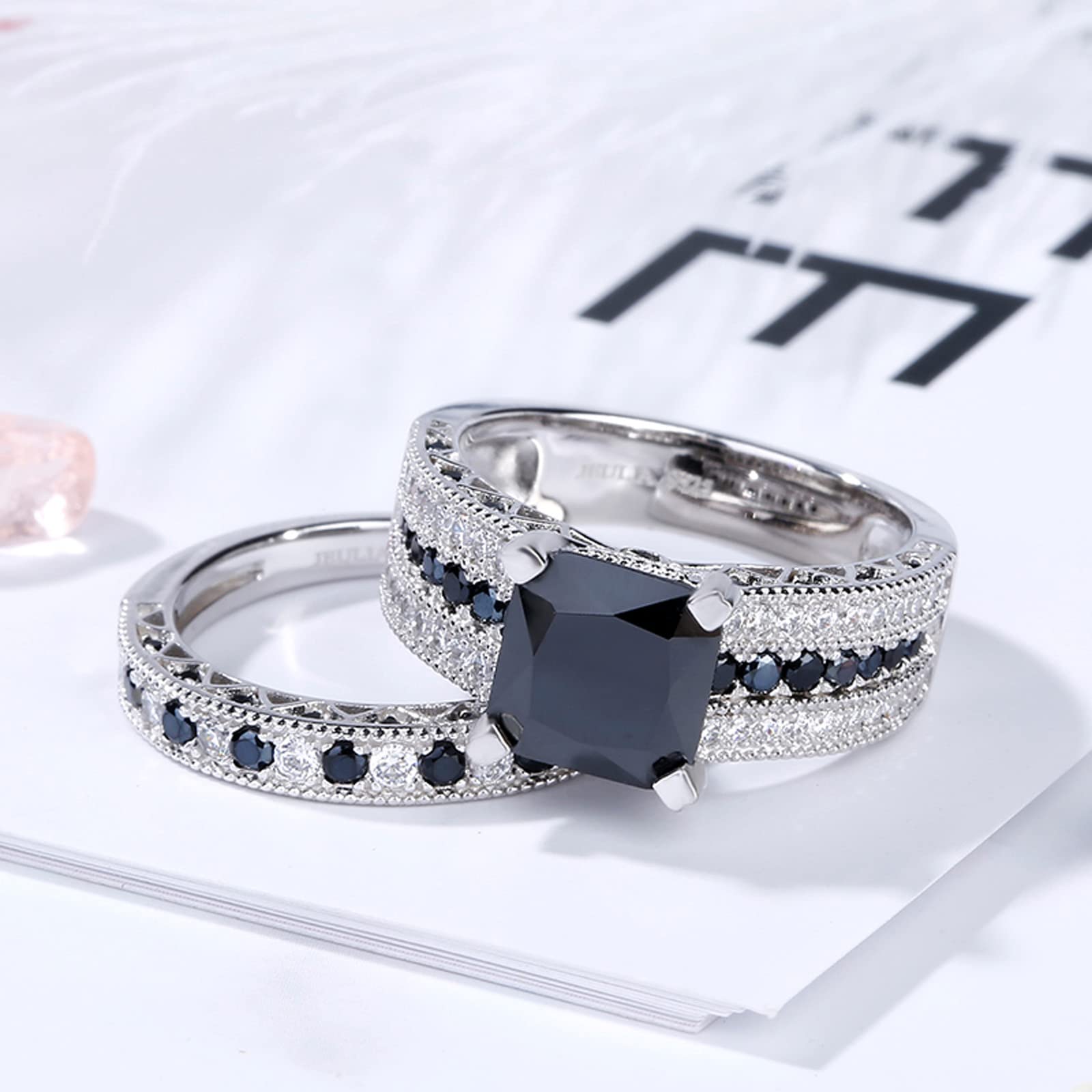 Jeulia 3.6 Carat Princess Cut Sterling Silver Black Stone Wedding Ring Set - Anniversary, Valentine's Day Gift for Wife & Girlfriend with Jewelry Box - Perfect for Proposals, Engagements & Romantic Occasions