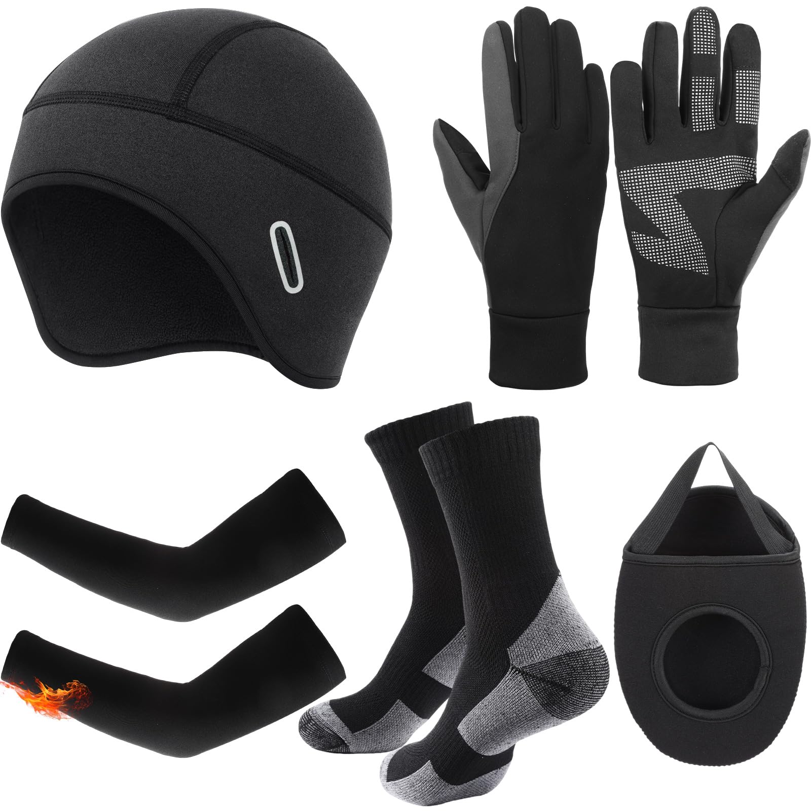 5-Piece Cycling Warm Accessories Set - Skull Cap Helmet Liner, Shoe Covers, Thermal Socks & Arm Warmers for Men & Women | Winter Bike Riding Gear for Cold Weather Cycling, Running & Outdoor Sports