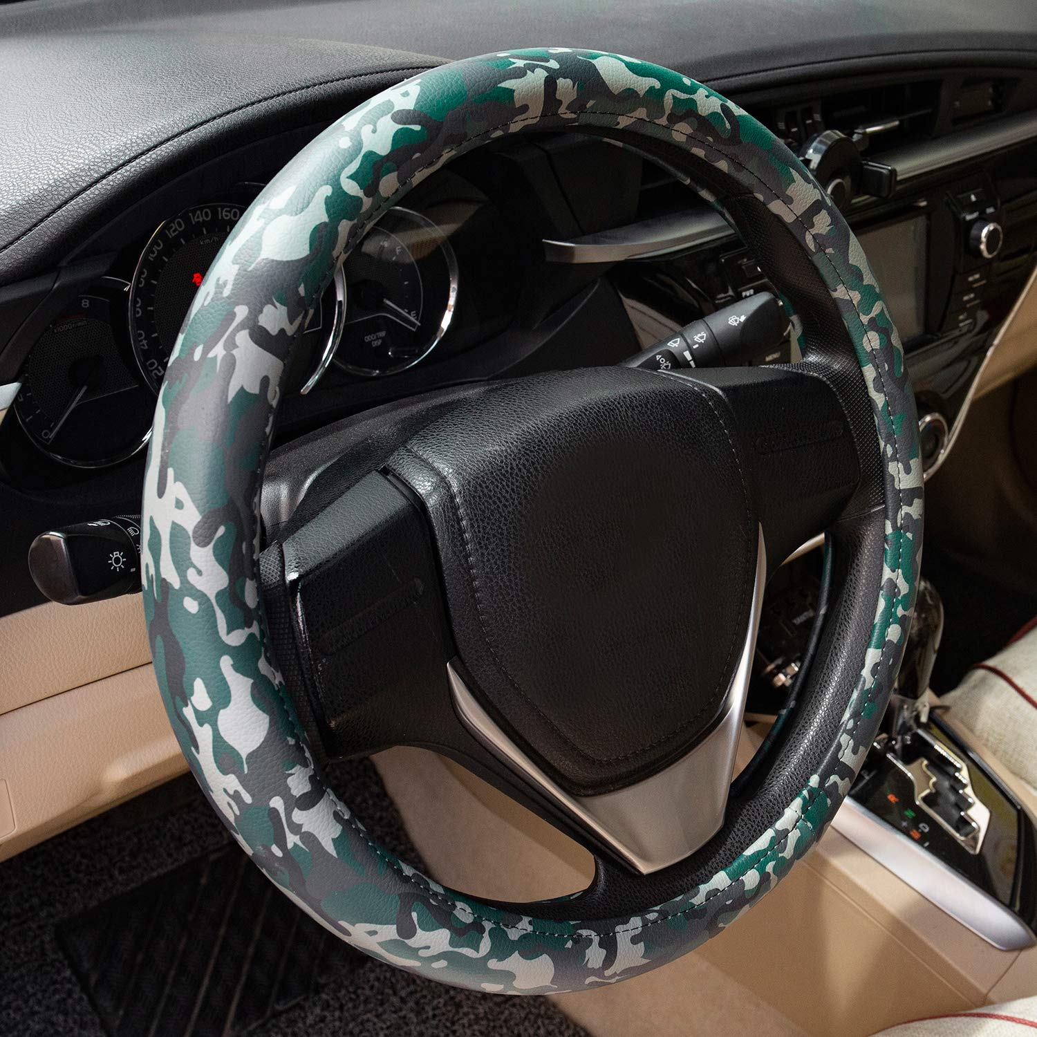 Evankin 15 Inch Green Camo PU Leather Steering Wheel Cover - Universal Fit, Handmade & Non-Slip - Car Accessories for Men & Boys (Great for Off-Roading, Daily Commute & Truck Enthusiasts)