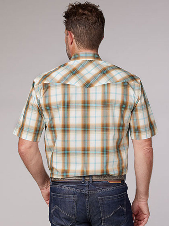 Roper Men's Short Sleeve Western Plaid Shirt - Orange Checkered Casual Button Up Shirt for Cowboy, Ranch Work & Outdoor Activities