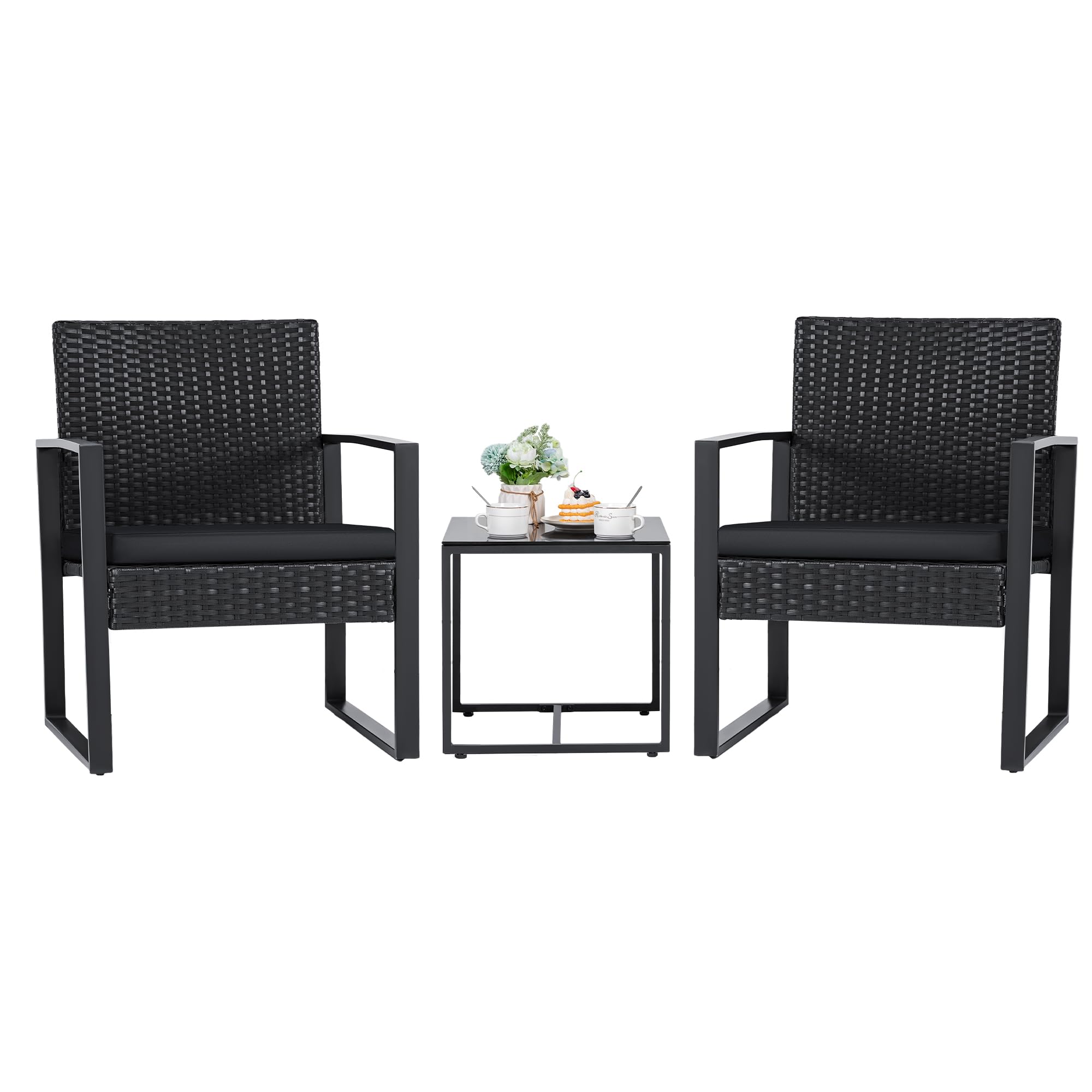 Flamaker 3-Piece Outdoor Patio Furniture Set - Modern Wicker Rattan Chairs with Coffee Table - Black Bistro & Garden Conversation Set for Backyard, Poolside & Balcony Relaxation