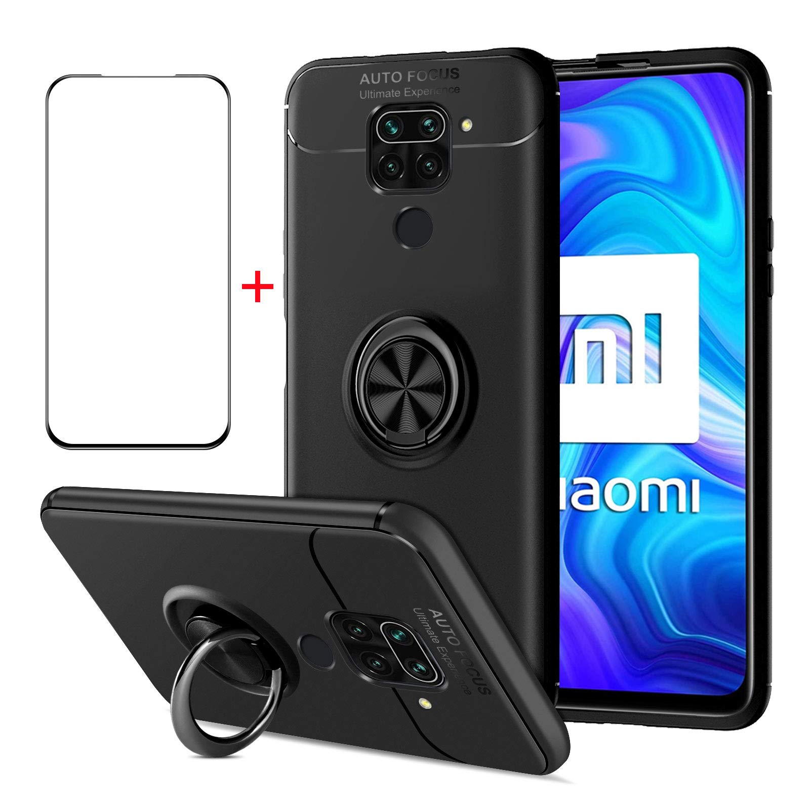 AKABEILA Shockproof Phone Case for Xiaomi Redmi 9C/9C NFC with Tempered Glass Screen Protector | Carbon Fiber Silicone Cover with Stand Holder | 6.53 Inch Protective Case for Daily Use, Work & Travel