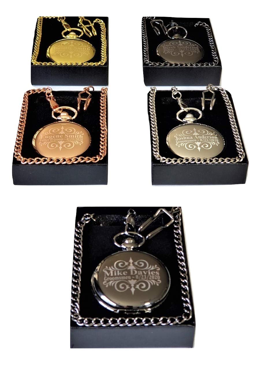 ETERNITY 4 Engraved Wedding Pocket Watches Set - Customized with Names/Dates, Includes 4 Watches, Chains & Gift Box - Perfect for Anniversaries, Bridal Party Gifts & Vintage-Themed Weddings