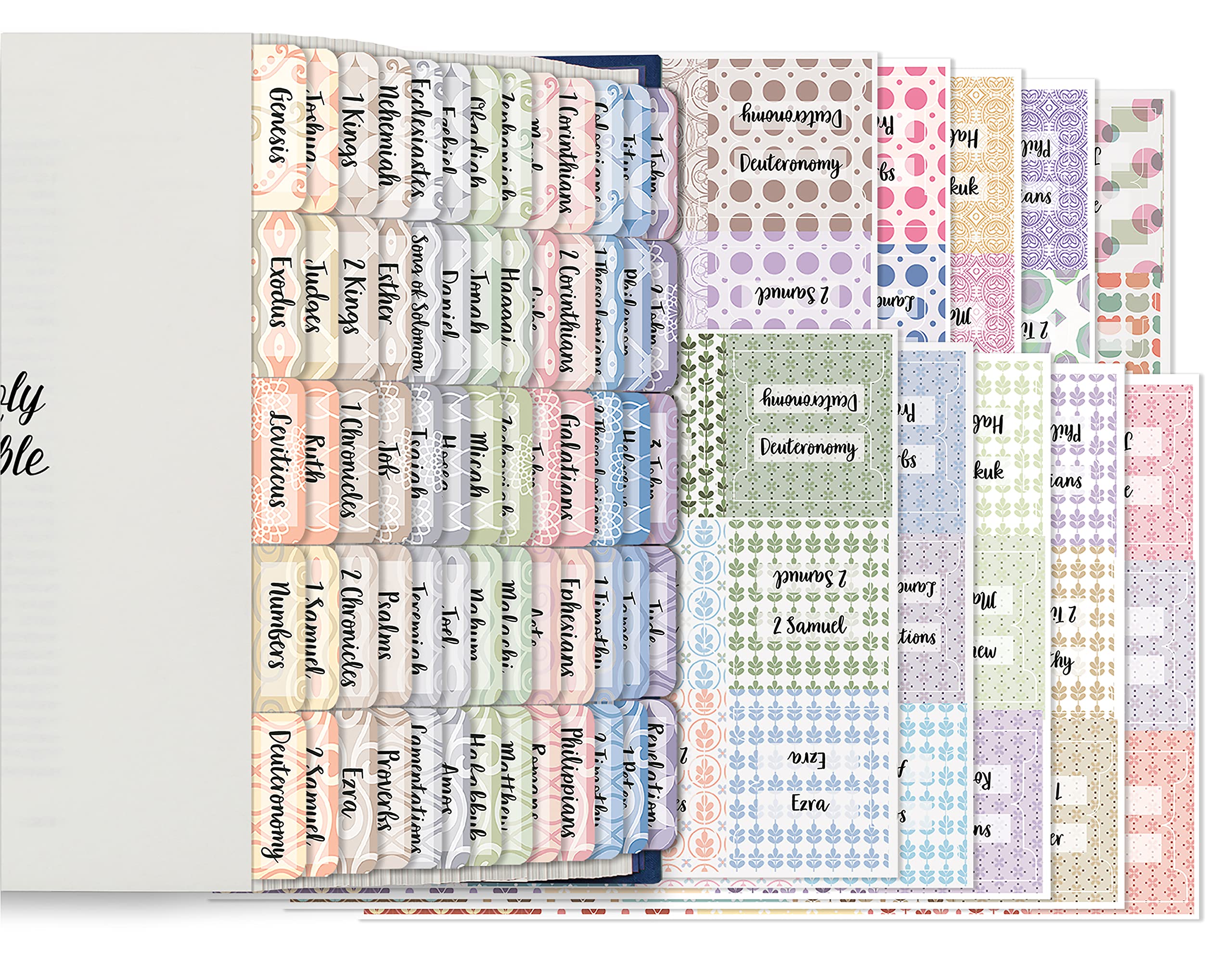 Better Office Products Bible Tabs - 225-Piece Christian Bible Journaling Adhesive Tabs for Old & New Testament (3 Sets, Harmonious Themed Backgrounds) - Perfect for Bible Study, Scripture Organization & Church Groups