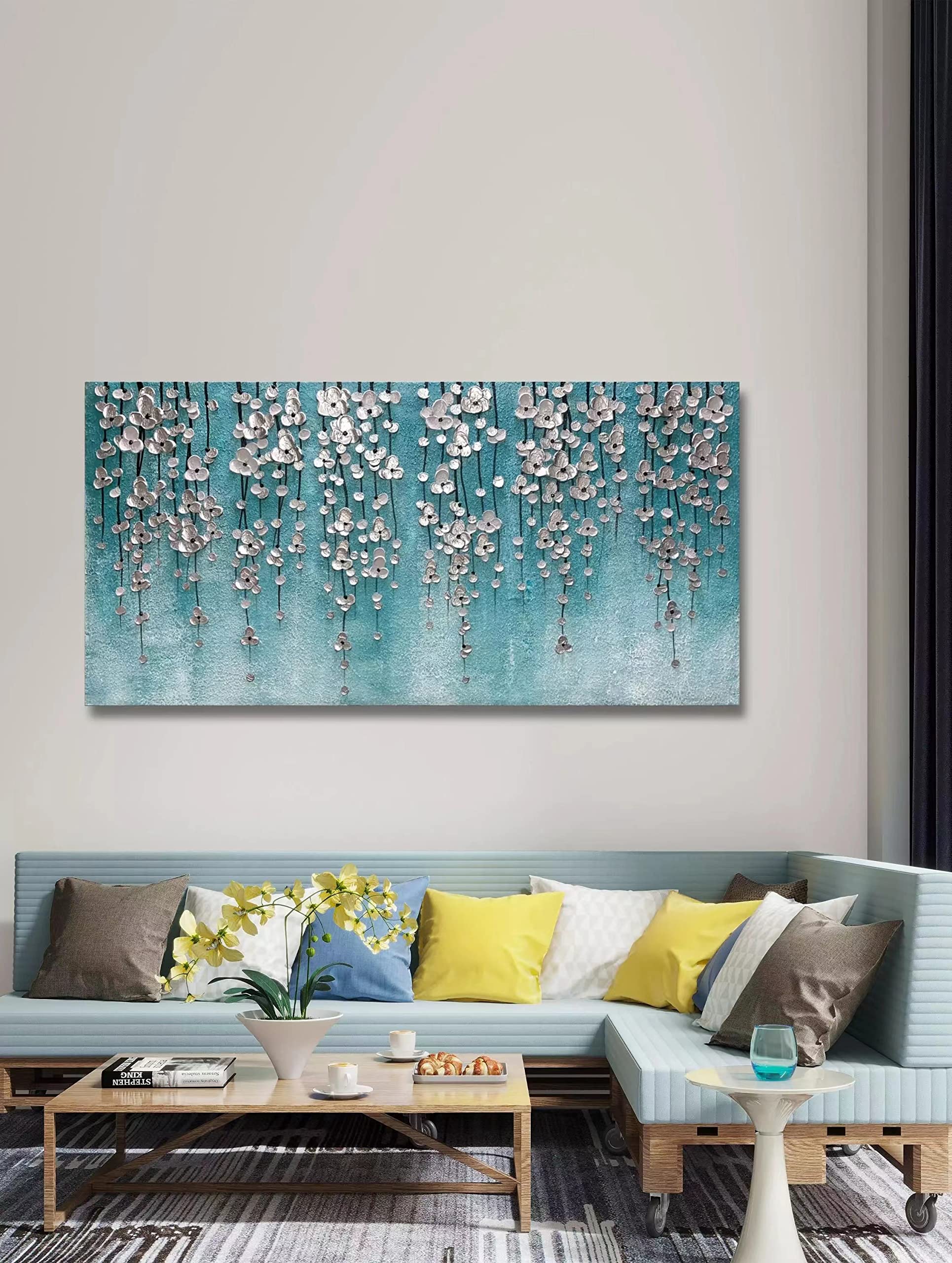 Yika Art 24x48 Inch Modern Abstract Oil Painting - Hand Painted Canvas Wall Art Decor for Living Room, Bedroom & Office - Silver Flower Abstract Artwork in Blue | Perfect for Home Decoration & Gift Giving
