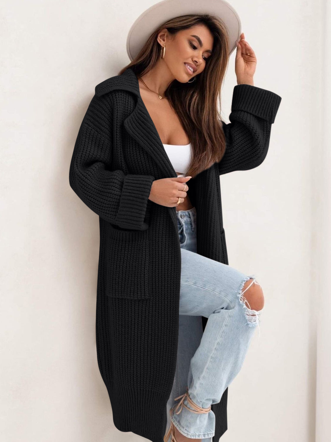 Women's Stylish Pocketed Collared Neck Drop Shoulder Cardigan Sweater - Perfect for Office Wear, Casual Outfits & Fall Layering