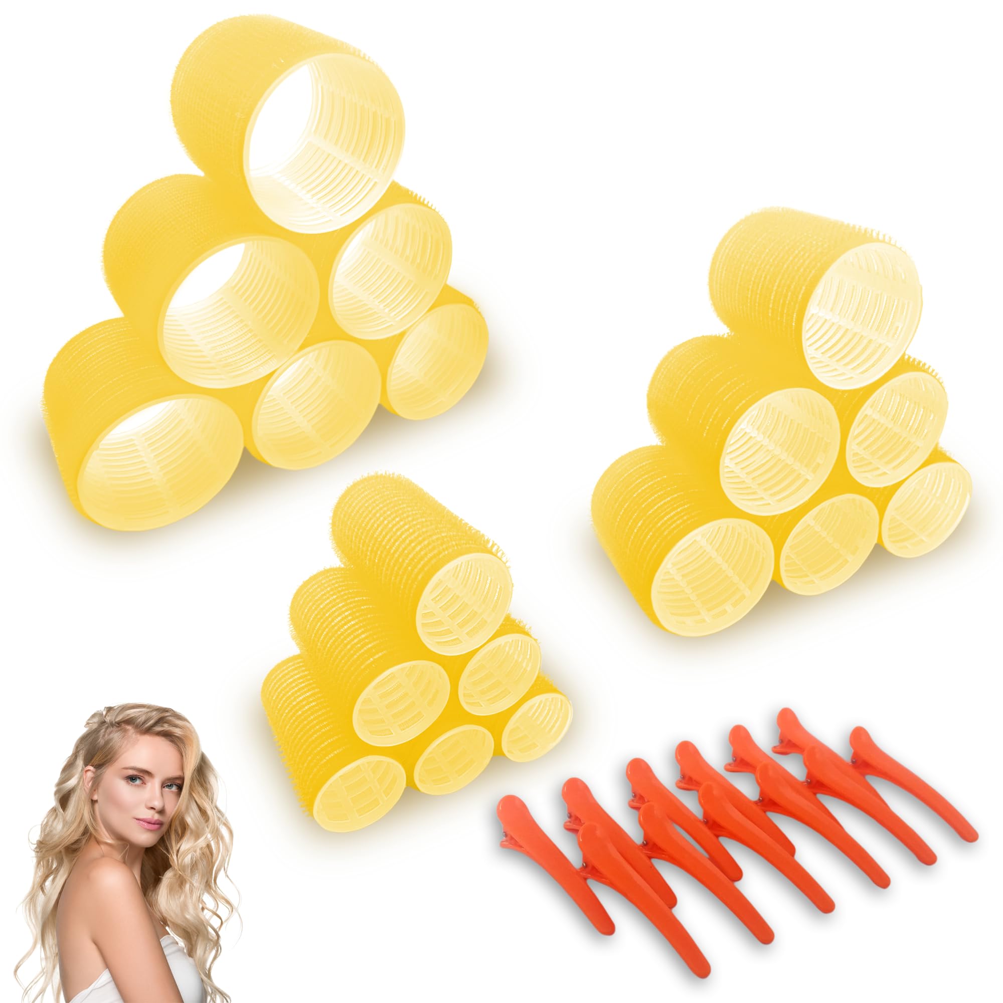 Large Hair Rollers with Clips - Self Grip Jumbo Curlers for Voluminous Hair, 18 Pack (3 Sizes: 6PCS Each) + 12 Hair Clips - Perfect for Home Salon, Styling, and Creating Big Curls