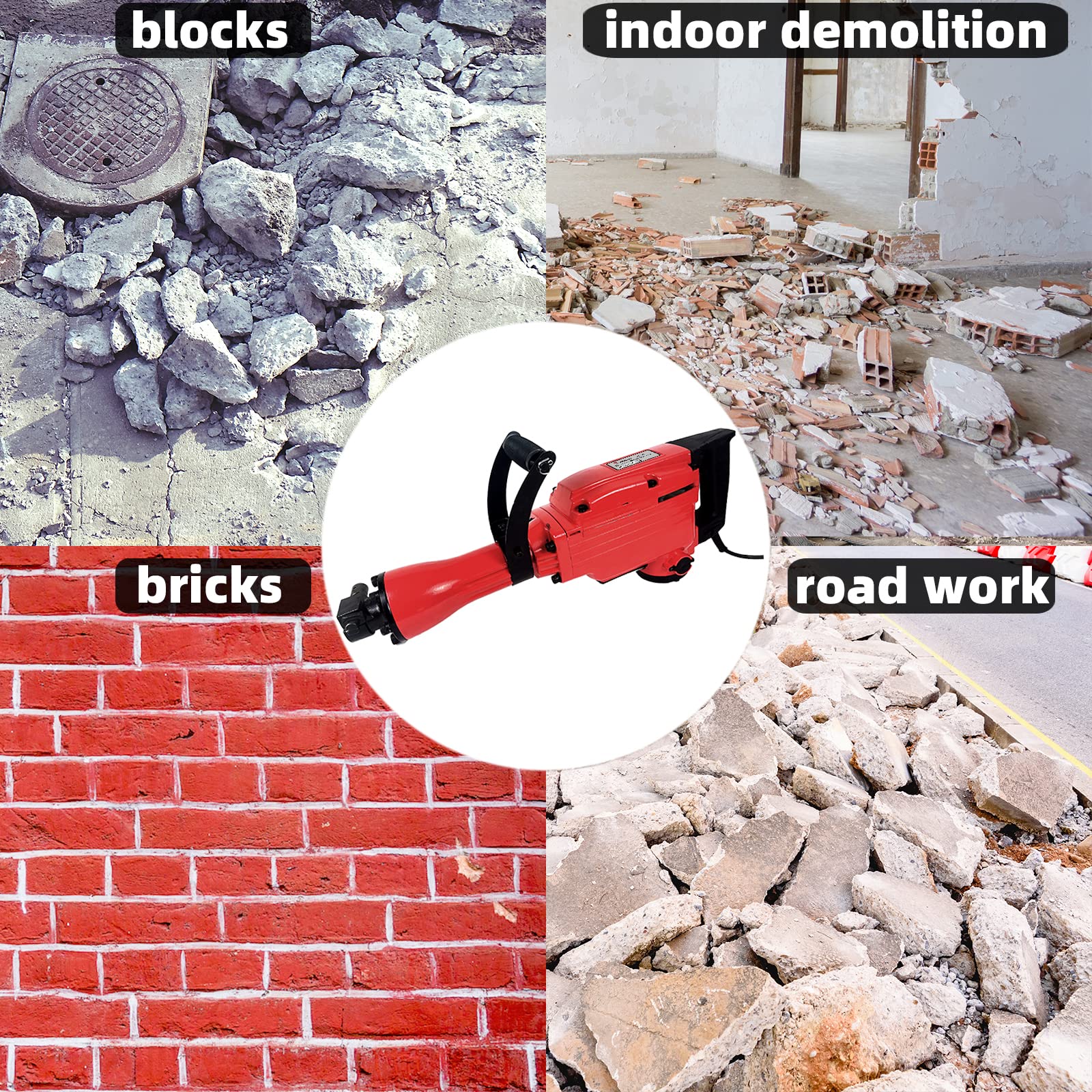 Demolition Electric Jack Hammer with 6pcs Chisel Bit - Heavy Duty Concrete Breaker Power Hammer for Construction, Road Repair & Home Renovation | Perfect for Demolishing Concrete Walls, Floors & Foundations