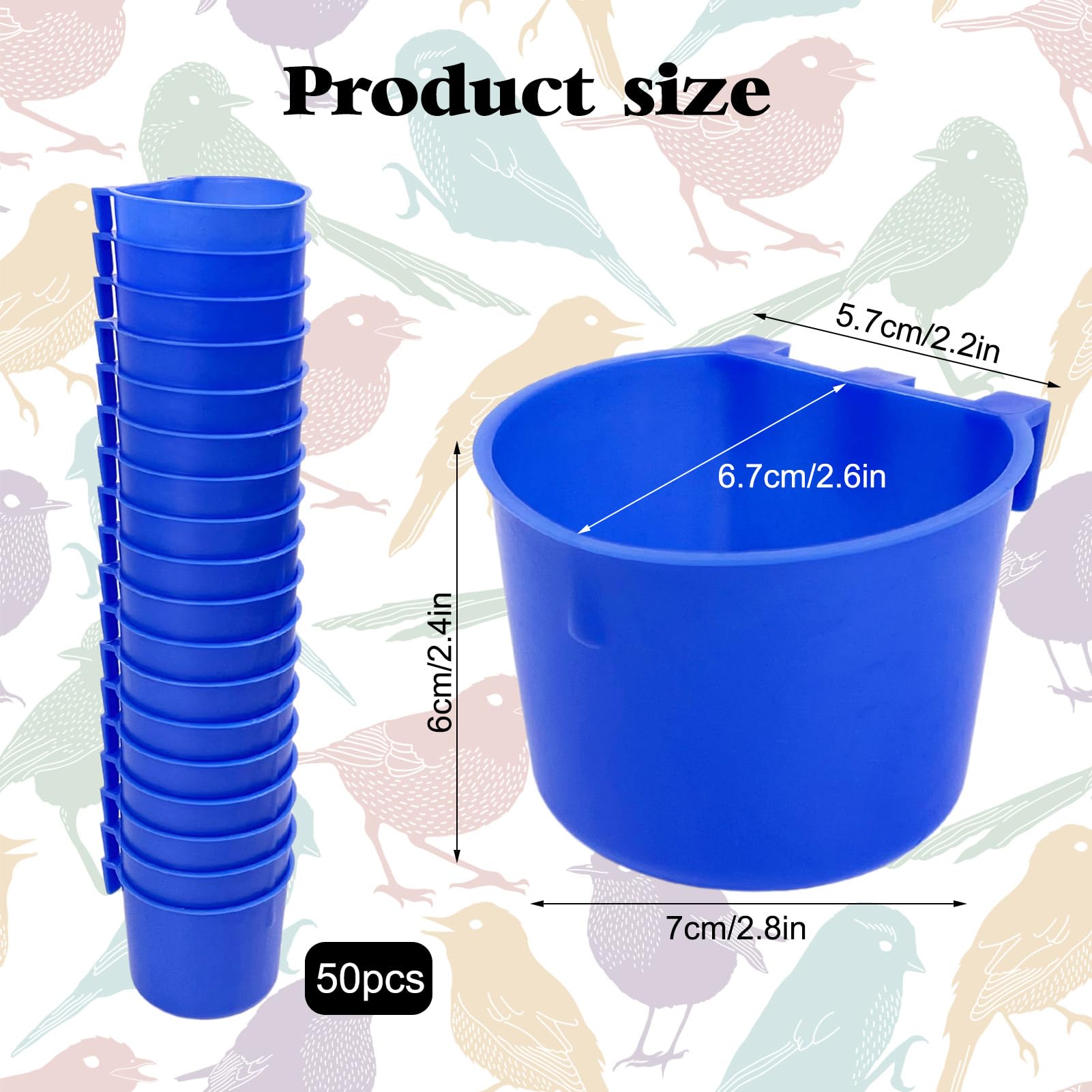 Rainmae 50 Pcs Blue Plastic Bird Feeders & Water Cups - 8 oz Hanging Cage Cups for Small Birds, Parrots, Chickens, Pigeons & Poultry - Durable Seed Bowls & Water Dispensers for Coops, Cages & Aviaries - Perfect for Pet Birds, Gamefowl & Backyard Flocks
