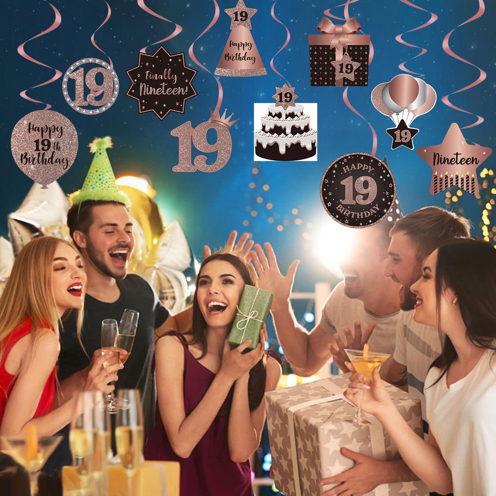 19th Birthday Party Decorations - Rose Gold Hanging Swirls & Streamers with Cutouts for Ceiling Decor | Perfect for 19 Years Old Celebration, Teen Party Supplies | Ideal for Birthday Parties, Milestone Events & Photo Backdrops