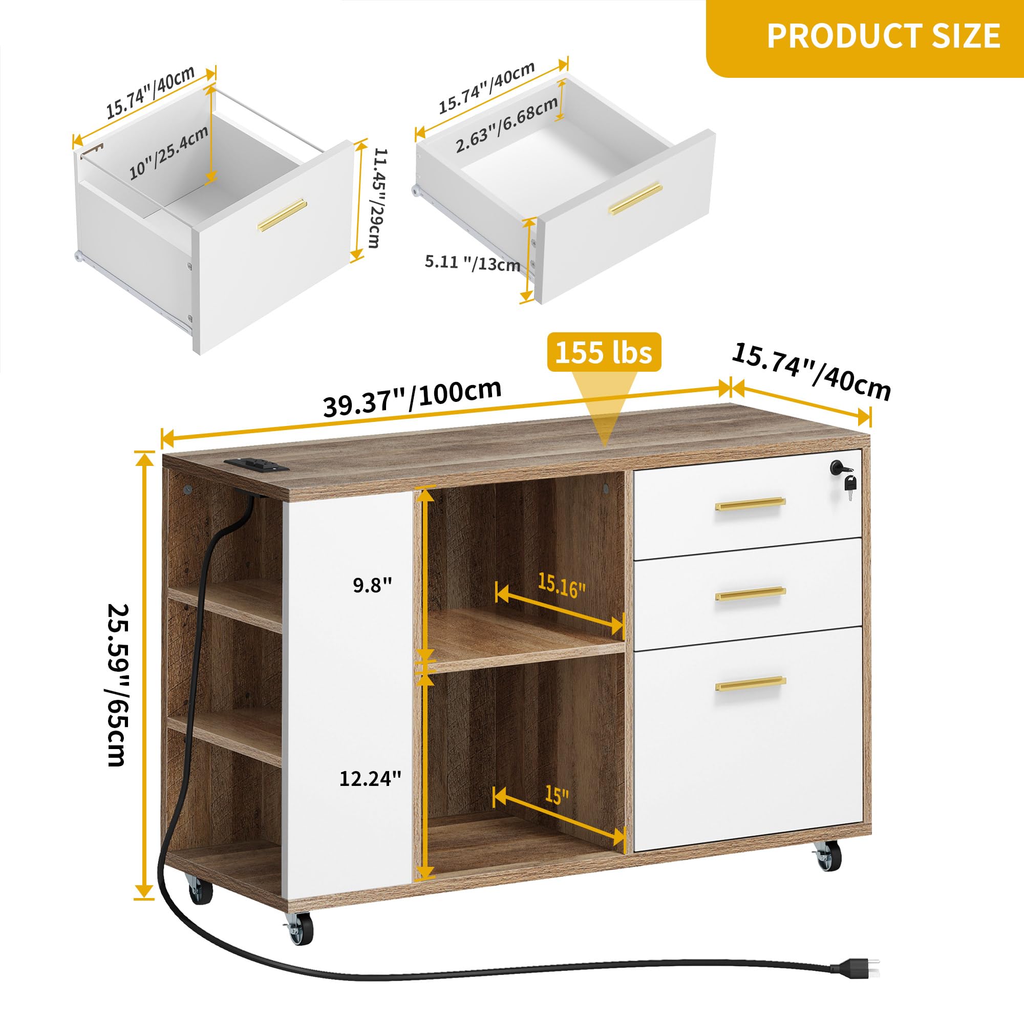 DWVO 3-Drawer File Cabinet with Lock - Mobile Office Storage Cabinet, Printer Stand with Charging Station - Grey Wash & White for Home Office Organization & Small Business Workspace