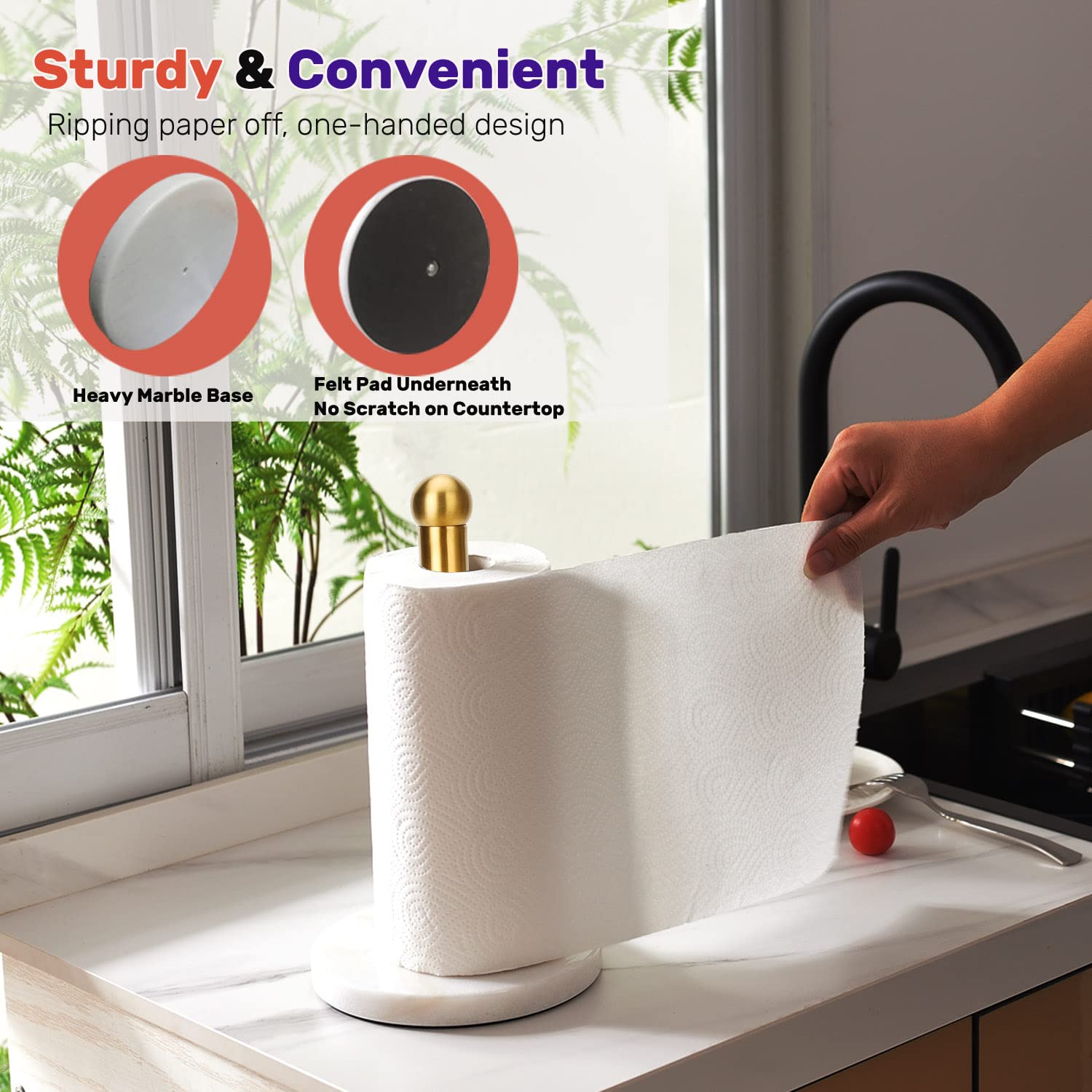 Heavy Duty Weighted Paper Towel Holder - One-Handed Kitchen Paper Towel Dispenser with Sturdy Base for Standard & Mega Rolls (Brushed Gold) | Perfect for Kitchens, Bathrooms & Office Spaces