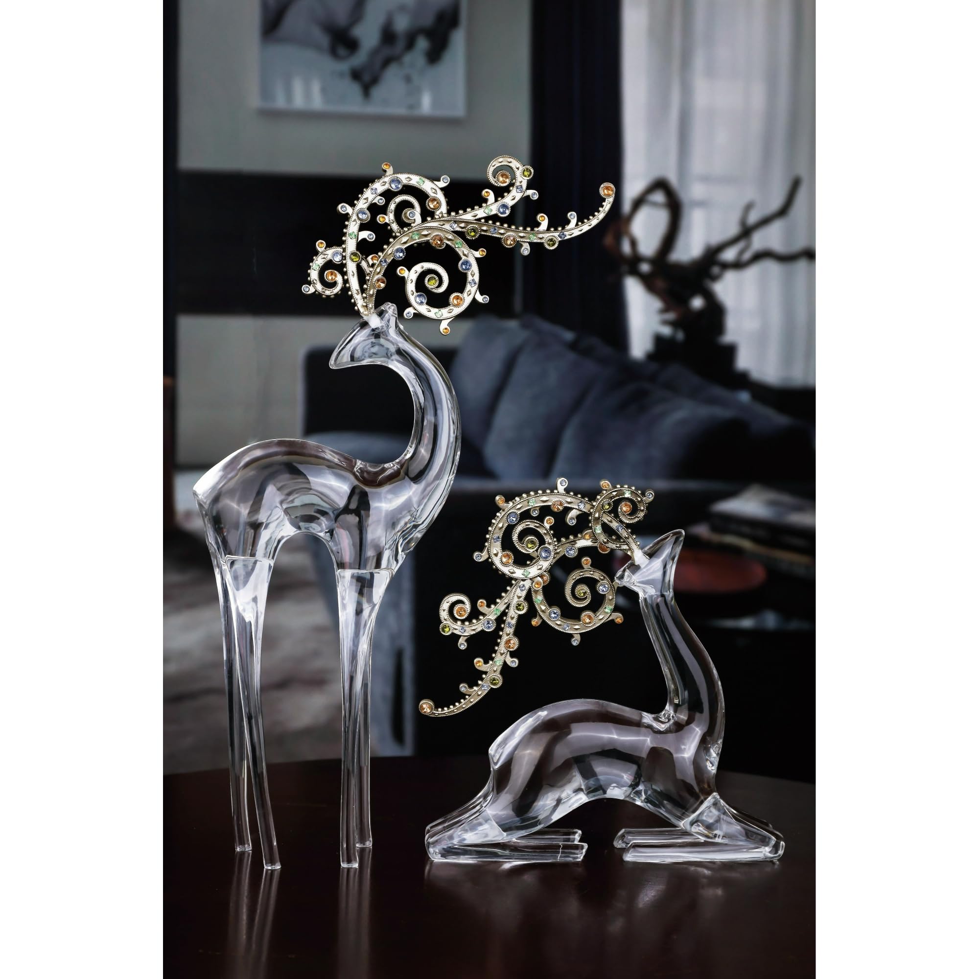 Set of 2 Clear Gold Jeweled Antler Deer Tabletop Decor - 13.75