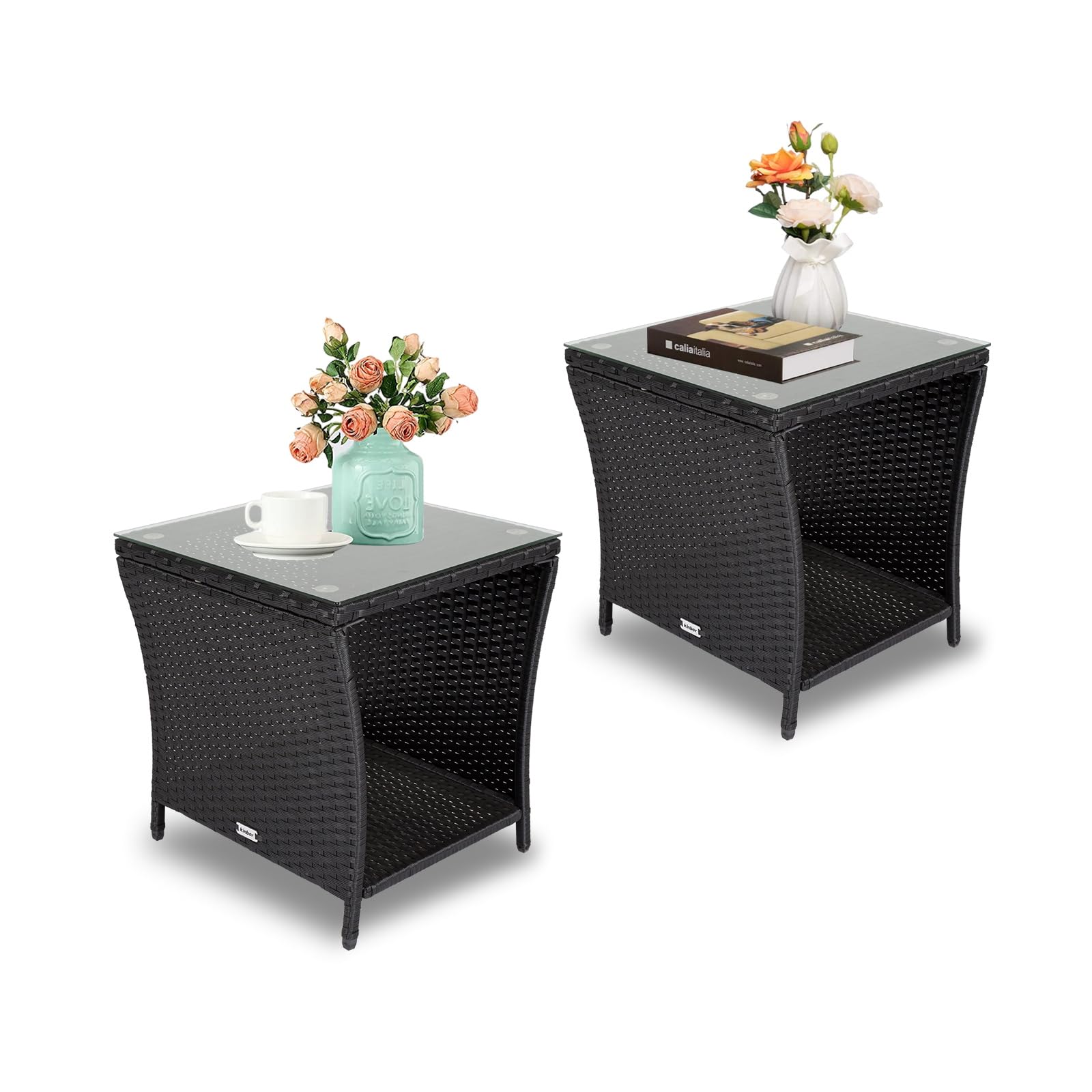 Kinbor Outdoor Side Table Set of 2 - Black Wicker Patio Side Tables with Storage Shelf & Glass Top for Balcony, Garden, or Poolside - Easy to Clean Rattan Coffee Tables for Drinks, Books & Decor