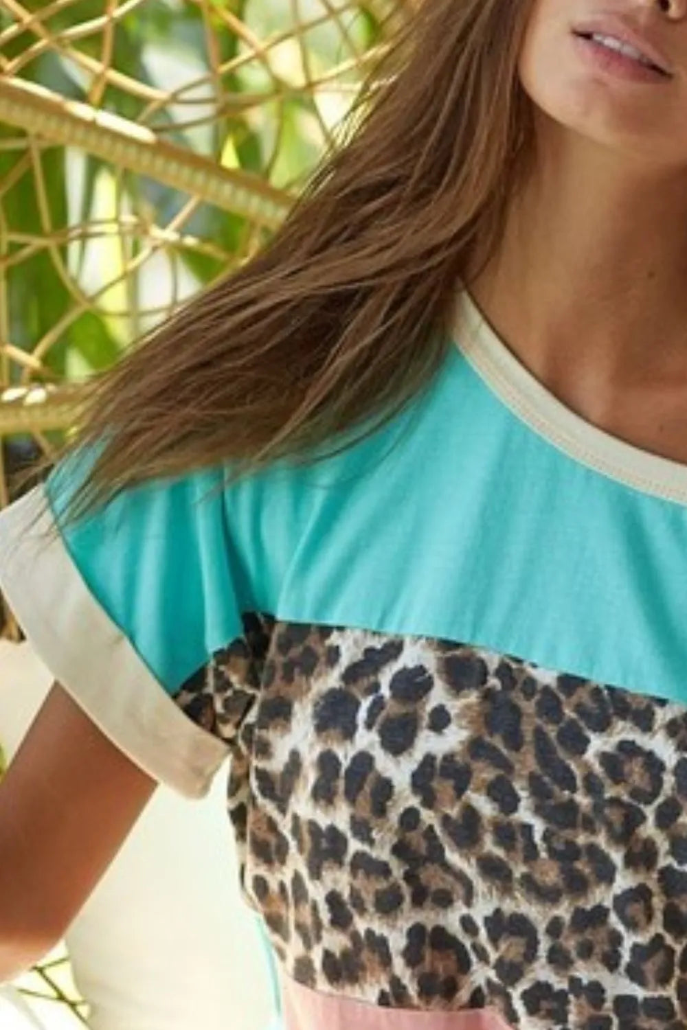 BiBi Leopard Print Jersey Color Block Roll Up Top - Stylish Casual Women's Shirt for Everyday Wear, Date Night & Summer Outfits
