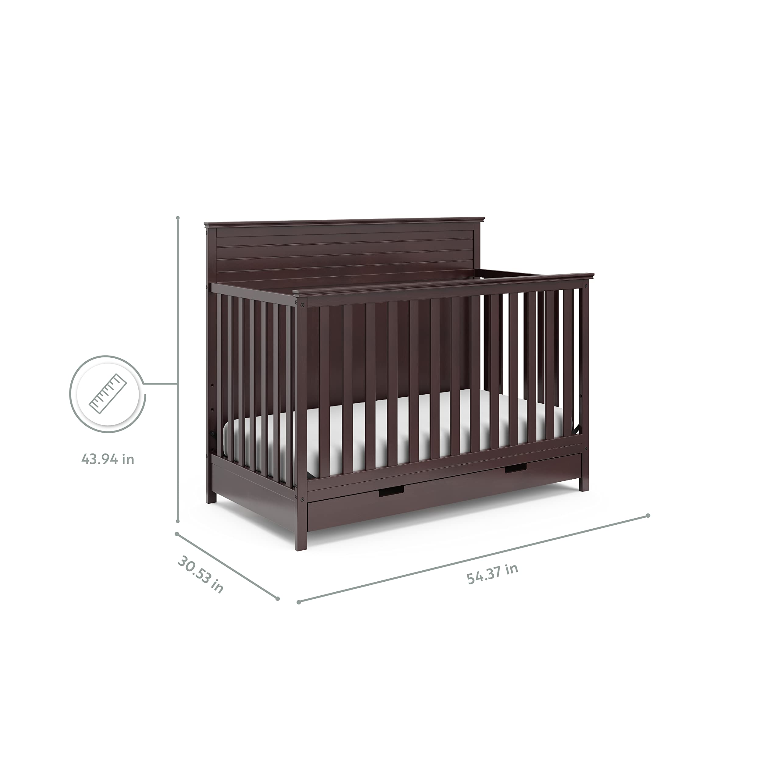 Storkcraft Homestead 5-in-1 Convertible Crib with Storage Drawer in Espresso - Baby Crib to Toddler Bed, Daybed & Full Bed Conversion - Nursery Furniture with Built-in Storage - Perfect for Small Spaces & Growing Families