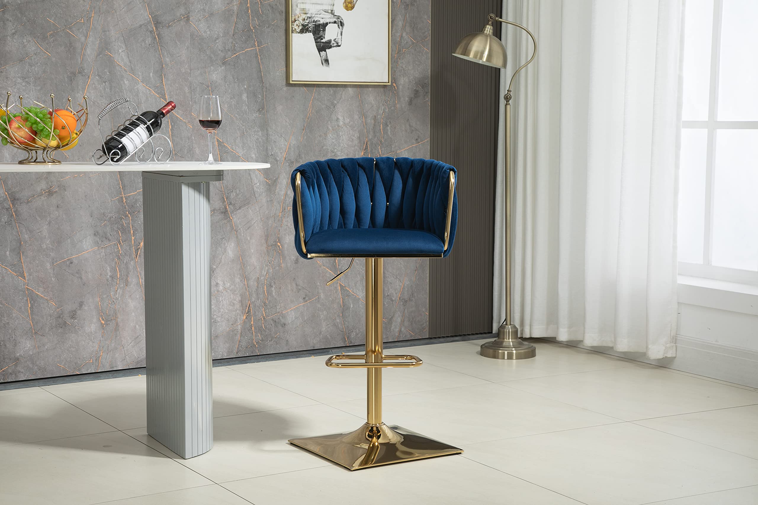 Modern Swivel Bar Stool - Adjustable Height Kitchen Island Stool with Spacious Seat, Backrest & Footrest - Navy Blue Counter Stool for Home Bar, Dining Room & Breakfast Nook