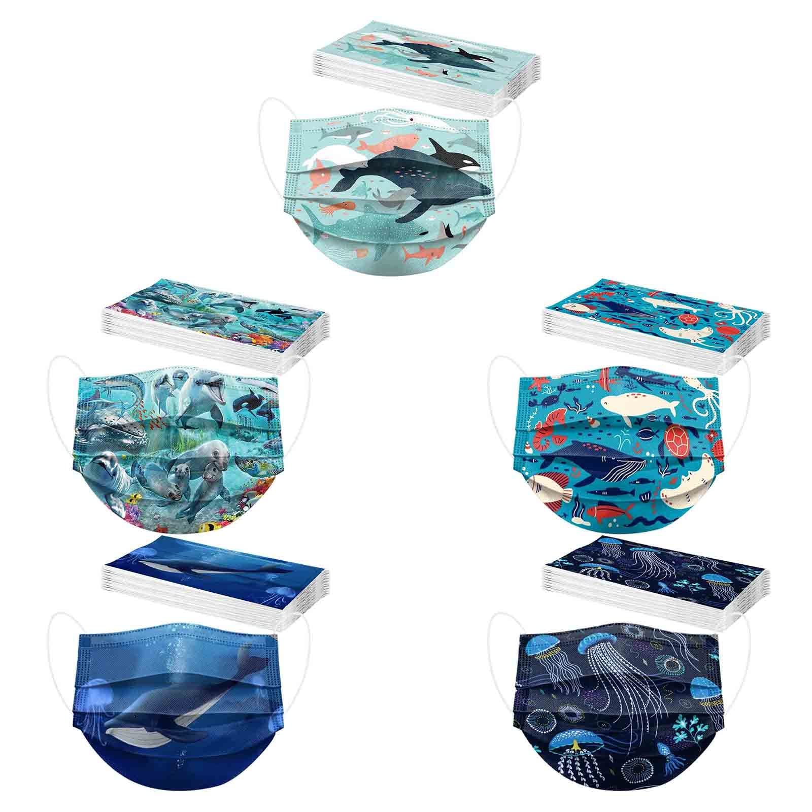50-Pack Disposable Face Masks for Kids - 3-Ply Breathable, Ocean Blue Whale Print, Single-Use Face Coverings | Perfect for School, Travel & Outdoor Activities