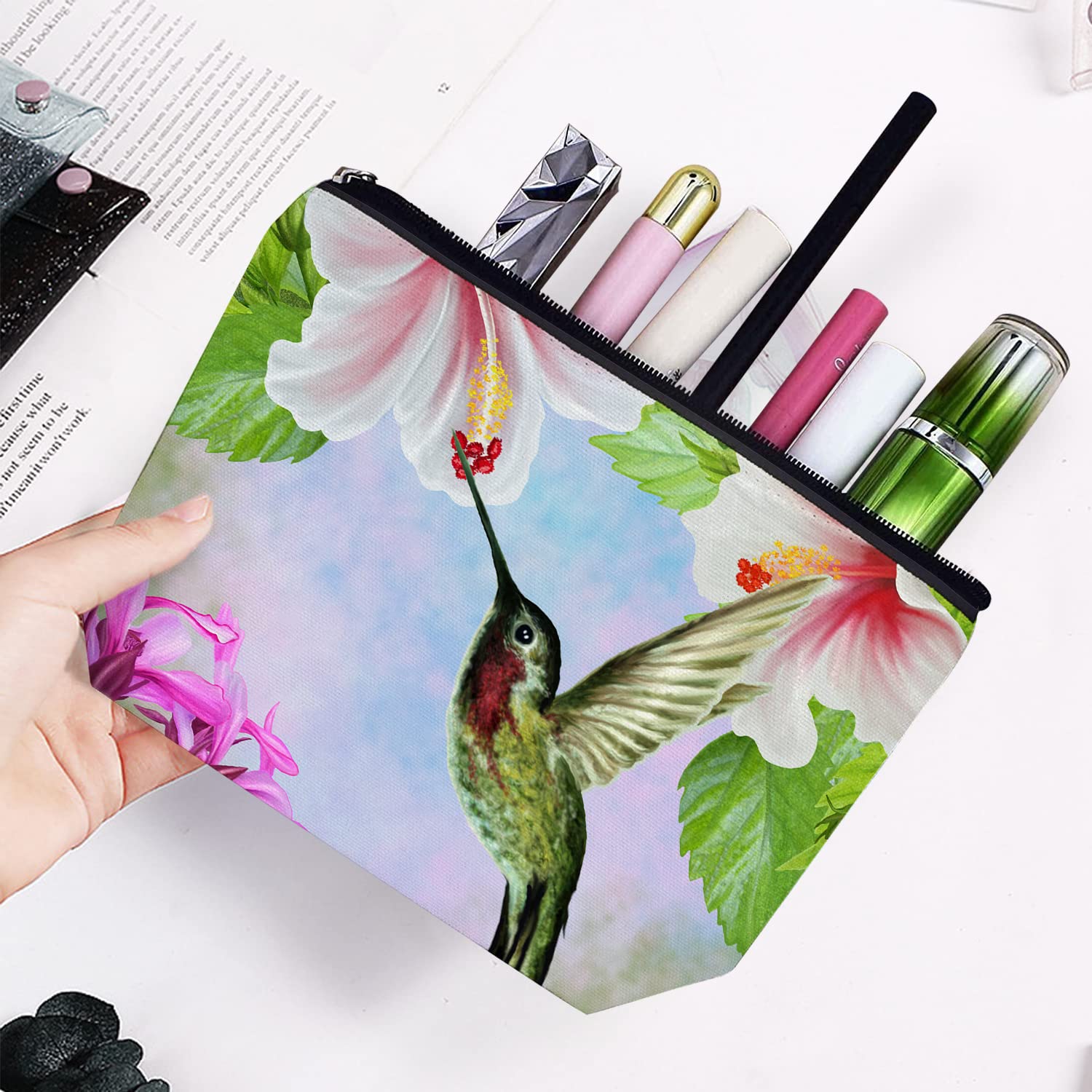 Large Makeup Bag for Women - Travel Cosmetic Organizer with Zipper, 7x10 Inch Toiletry Pouch (Hummingbird Spring Design) - Perfect for Travel, Gym, and Daily Beauty Essentials Storage