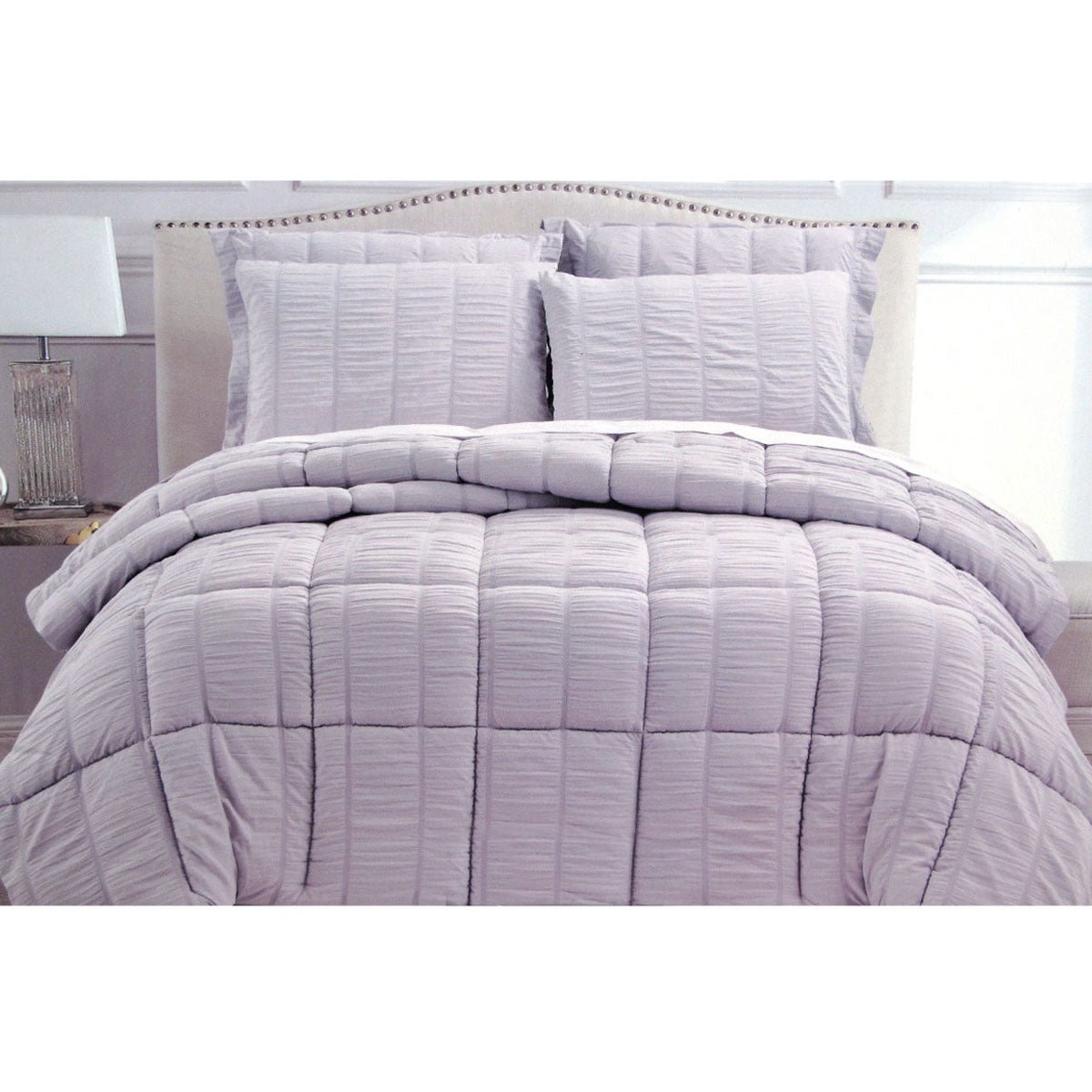 Premium 3-Piece Seersucker Comforter Set Queen Size - Soft & Breathable Bedding in Lilac Purple for Hotel-Style Luxury Bedroom Decor