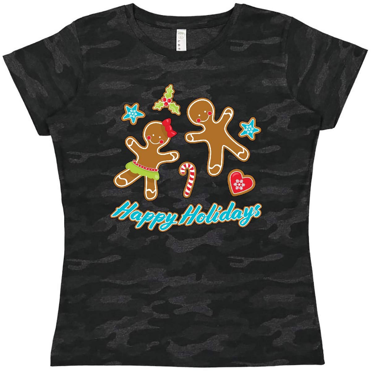Inktastic Happy Holidays with Gingerbread Cookies Women's T-Shirt - Festive Christmas Gift for Women, Cute Holiday Apparel for Parties & Family Gatherings