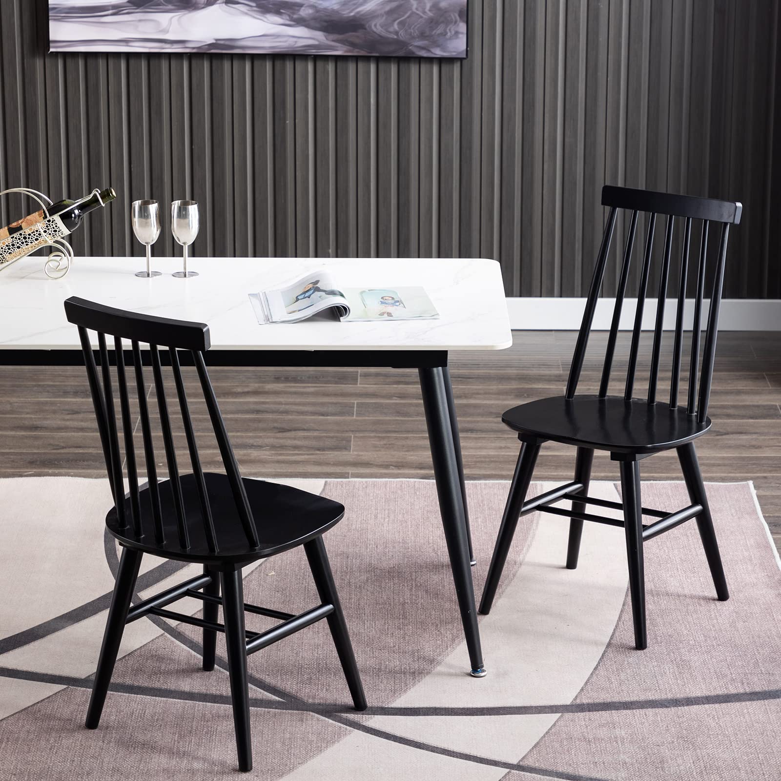 DUHOME 2-Piece Wooden Dining Chairs Set - Windsor Style Slat Back Kitchen Chairs for Dining Room, Black - Perfect for Farmhouse & Modern Home Decor