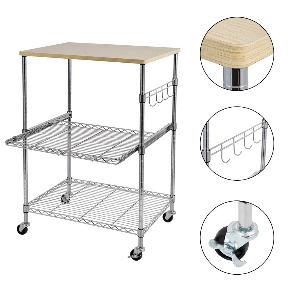 3-Tier Rolling Kitchen Cart with Hooks - Stainless Steel Microwave Stand, Baker's Rack & Storage Shelf on Wheels | Perfect for Small Kitchens, Apartments & Dorm Rooms | Space-Saving Mobile Workstation for Microwave, Spices & Cooking Essentials