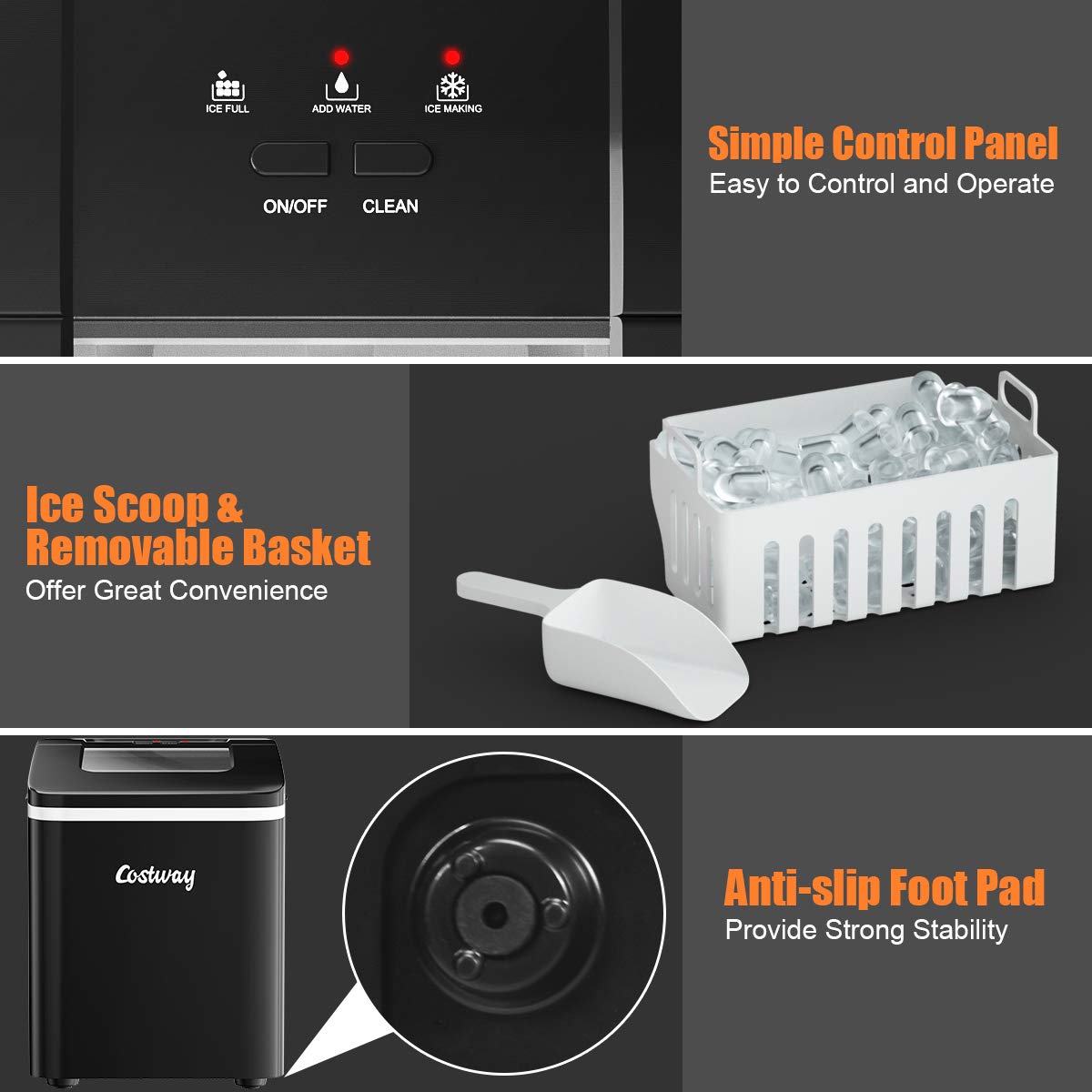 COSTWAY Countertop Ice Maker Machine - 26Lbs/24H Fast Bullet Ice Production in 8 Minutes, Self-Cleaning with Scoop & Removable Basket (Black) - Perfect for Home Kitchen, Office, RV, and Party Use
