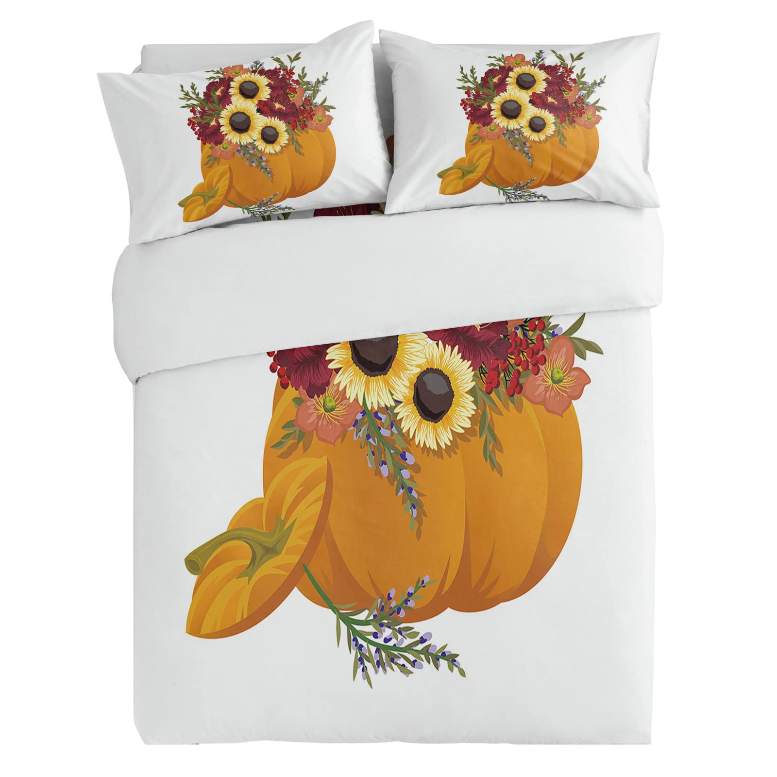 3-Piece Twin Duvet Cover Set - Soft Luxury Sunflower & Pumpkin Print Comforter Cover with 2 Pillow Shams - Thanksgiving Floral Bedding for Cozy Bedroom Decor | Perfect for Guest Rooms, Dorms & Seasonal Home Styling