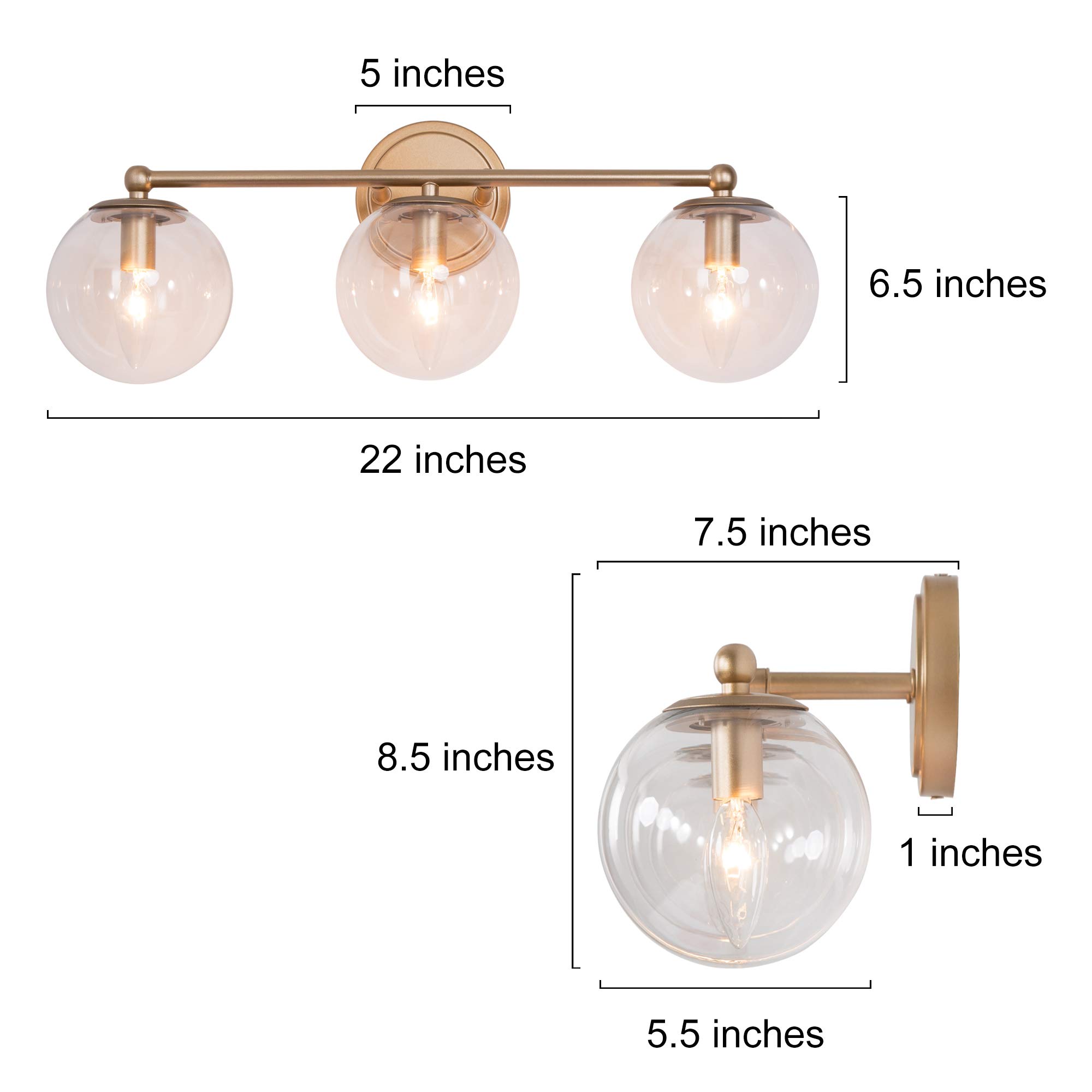 Hand-Painted Gold Bathroom Vanity Light Fixture - 3-Light Modern Bathroom Lighting with Clear Globe Glass Shades, 21.5