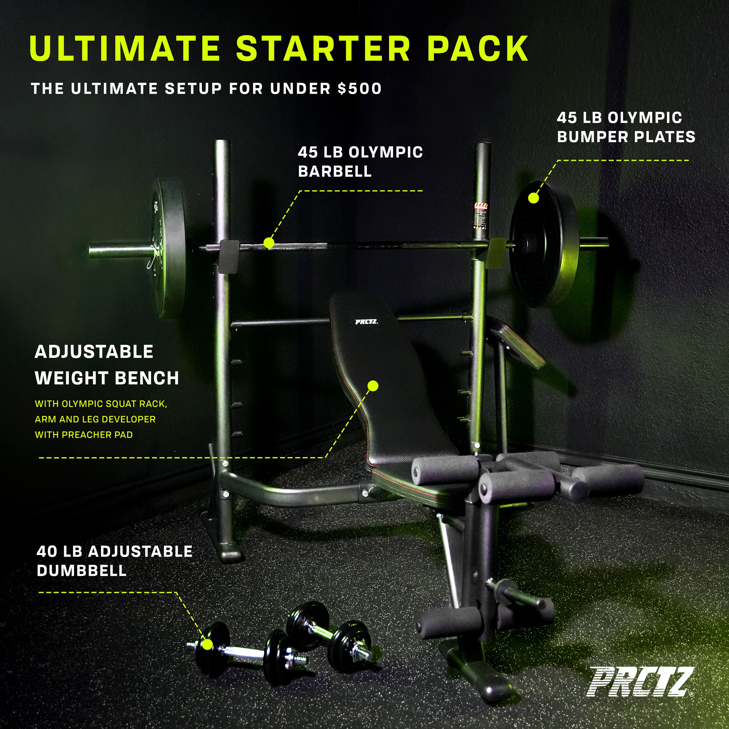PRCTZ SP1 Home Gym Bundle - Adjustable Olympic Weight Bench with Squat Rack, 7ft Olympic Barbell, 45lb Rubber Bumper Plates & 40lb Cast Iron Adjustable Dumbbells - Perfect for Home Workouts, Strength Training & Weightlifting