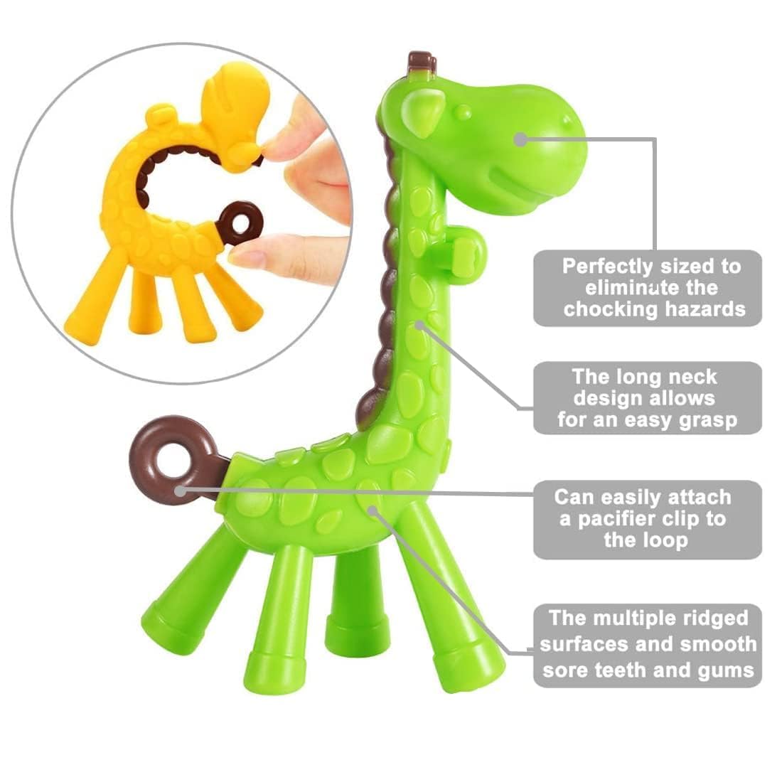Kritiu Giraffe Shape Teether & Teether Combo - BPA-Free Silicone Teething Toys for Babies 0-12 Months | Safe & Fun Gum Massagers for Soothing Sore Gums | Perfect Baby Shower Gift (Green & Pink) | Use at Home, Daycare or On-the-Go