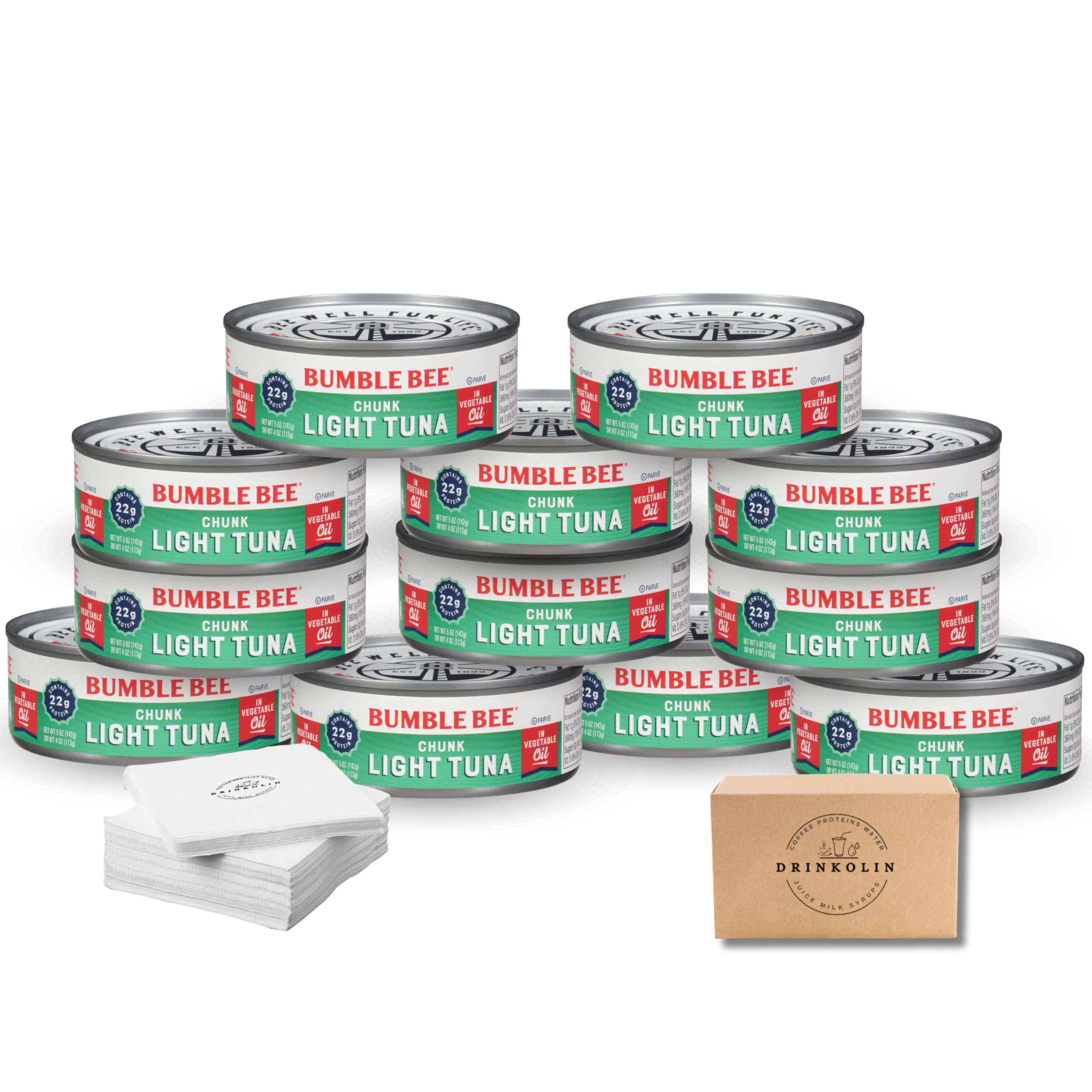 DRINKOLIN Chunk Light Canned Tuna in Water, 5 oz (12-Pack) - High Protein Tuna (22g per Serving) | Non-GMO, Gluten Free, Kosher Certified | Perfect for Tuna Salad, Sandwiches, Pasta & Healthy Meals | Quick Protein Source for Lunch, Camping & Emergency Food Storage