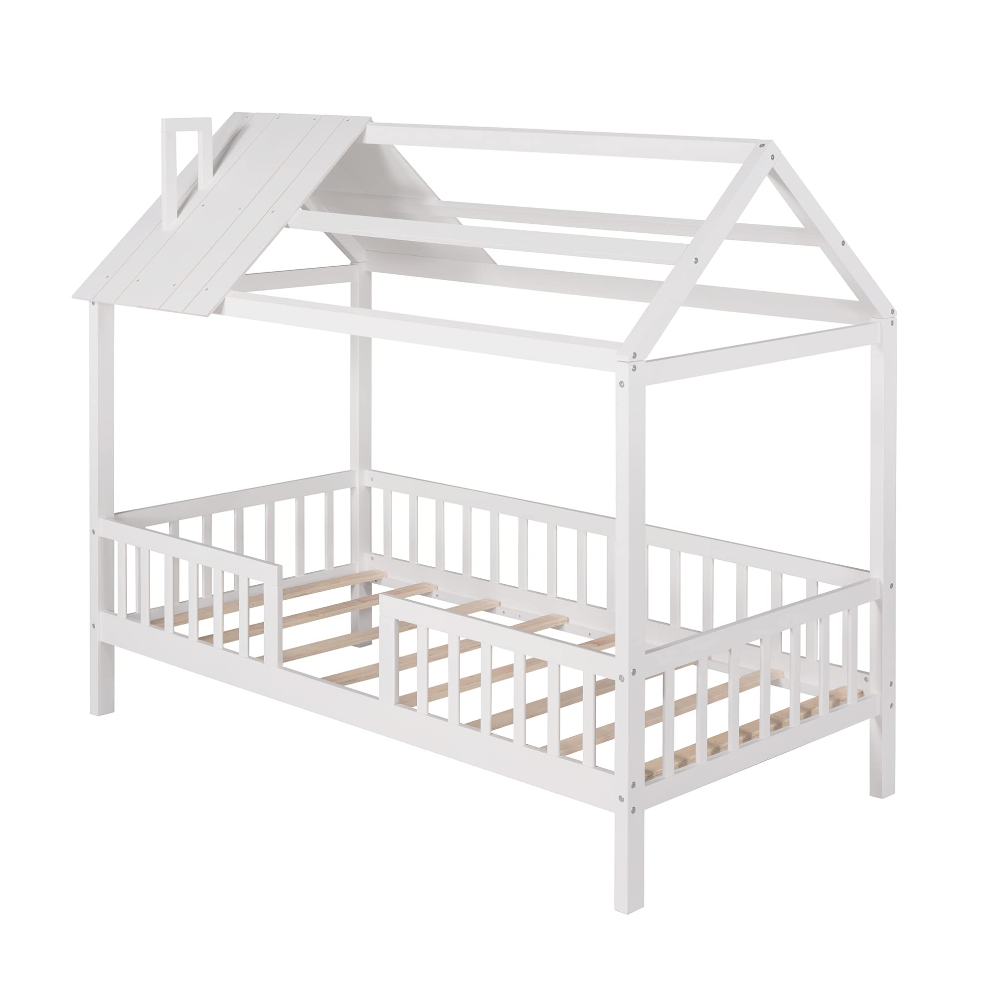 MERITLINE Twin Size Wooden House Bed for Kids - White Platform Bed with Roof and Fence - Perfect for Boys & Girls Bedrooms, Playrooms and Montessori Spaces