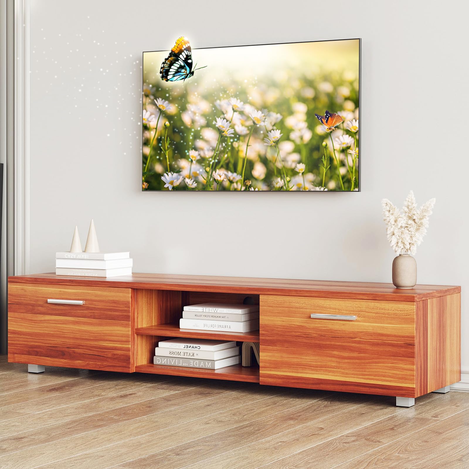 Rustic TV Stand for 70 Inch Flat Screen - Low Profile Entertainment Center with Storage Cabinet & Open Shelves - Perfect for Living Room, Bedroom, or Home Theater - Brown Wood TV Cabinet