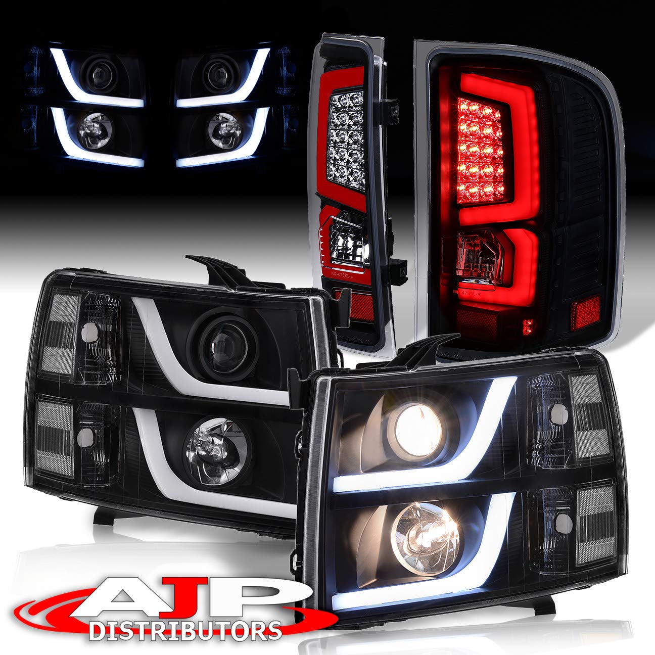 AJP Distributors LED DRL Black Housing Clear Side Reflector Headlights & Red LED Tube Brake Tail Lights Compatible with Chevy Silverado 2007-2013 | Upgrade for Night Driving & Enhanced Visibility