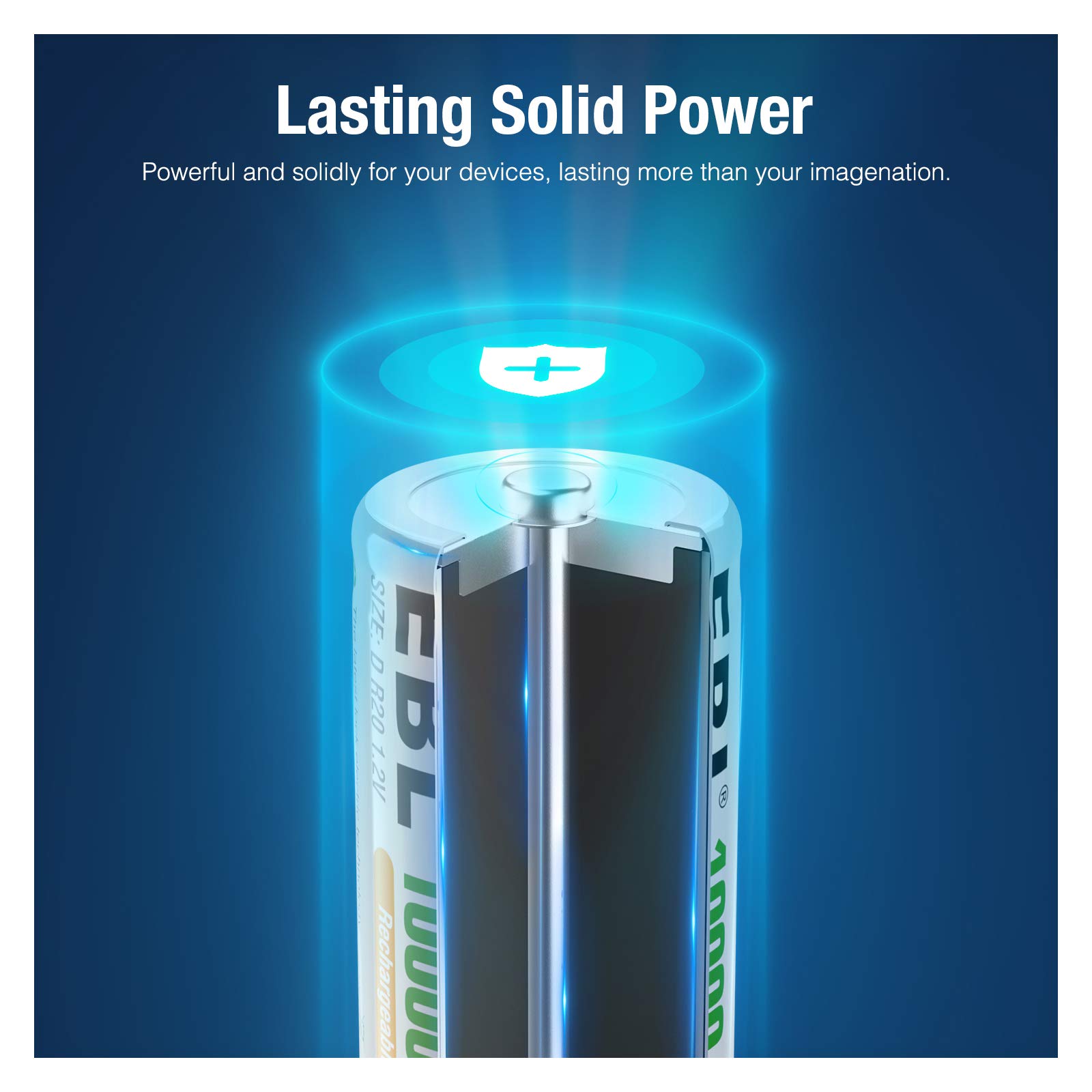 EBL D Size Rechargeable Batteries 10000mAh NiMH - 2 Pack High Capacity D Cell Batteries for Flashlights, Toys, Remote Controls & Emergency Devices