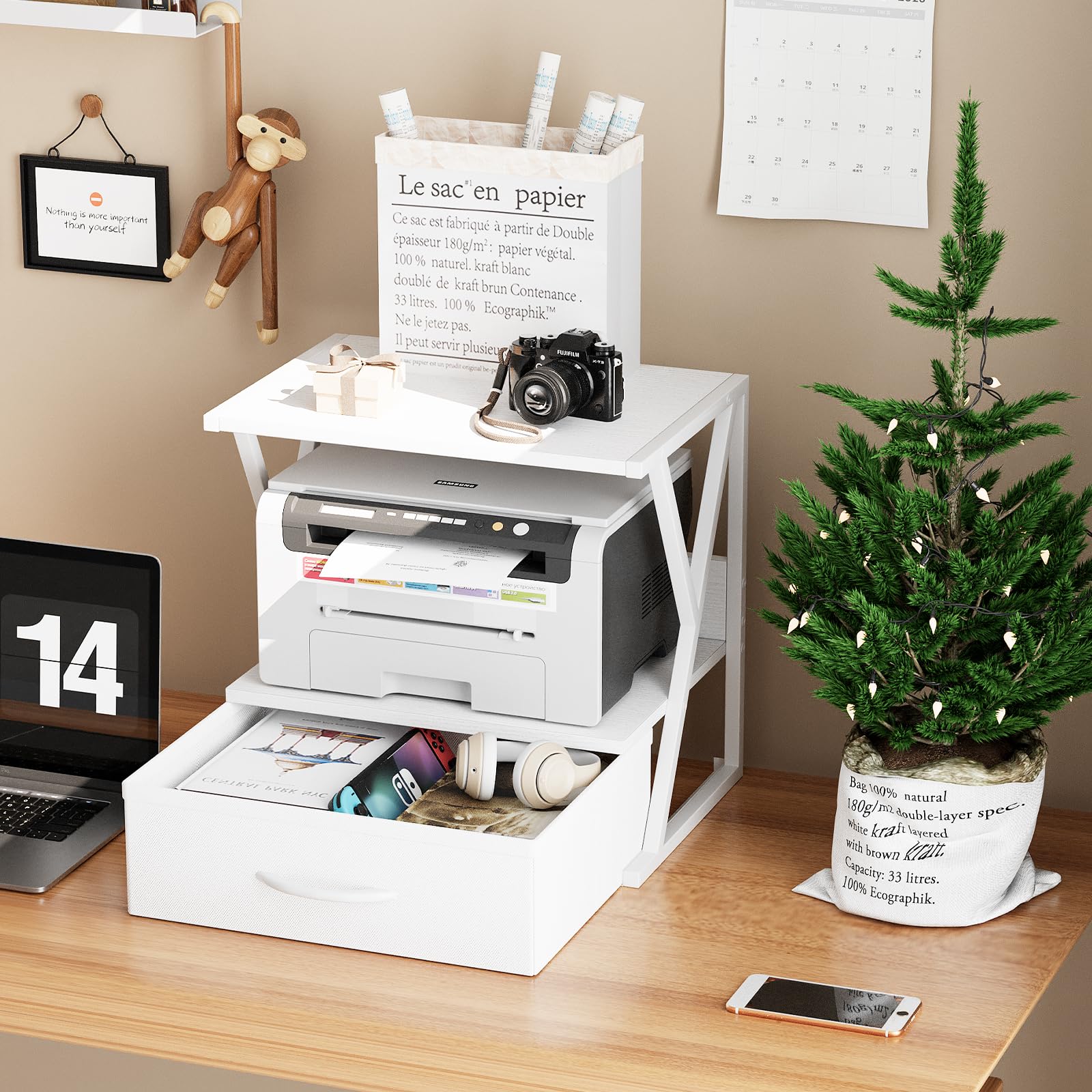 aboxoo 2-Tier Printer Stand with Storage Drawer - White Desktop & Under Desk Shelf Organizer for Fax Machine, 3D Printer, Scanner - Perfect for Home Office Workspace Organization