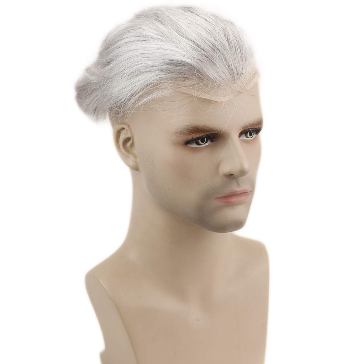 Dreambeauty Men's Toupee 10×8 Inch - European Virgin Human Hair & Synthetic Blend (10% #1B/90% White) - Thin Skin Hair Replacement System with Monofilament Net & PU Base - Natural Look for Baldness & Thinning Hair - Perfect for Daily Wear, Special Occasions & Professional Settings