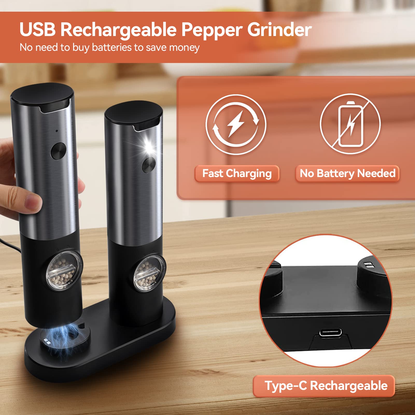 Rechargeable Electric Salt and Pepper Grinder Set - Battery-Free, One-Hand Operation, Adjustable Coarseness, Stainless Steel Mill with LED Light - Perfect for Kitchen, Dining Table & Outdoor Cooking