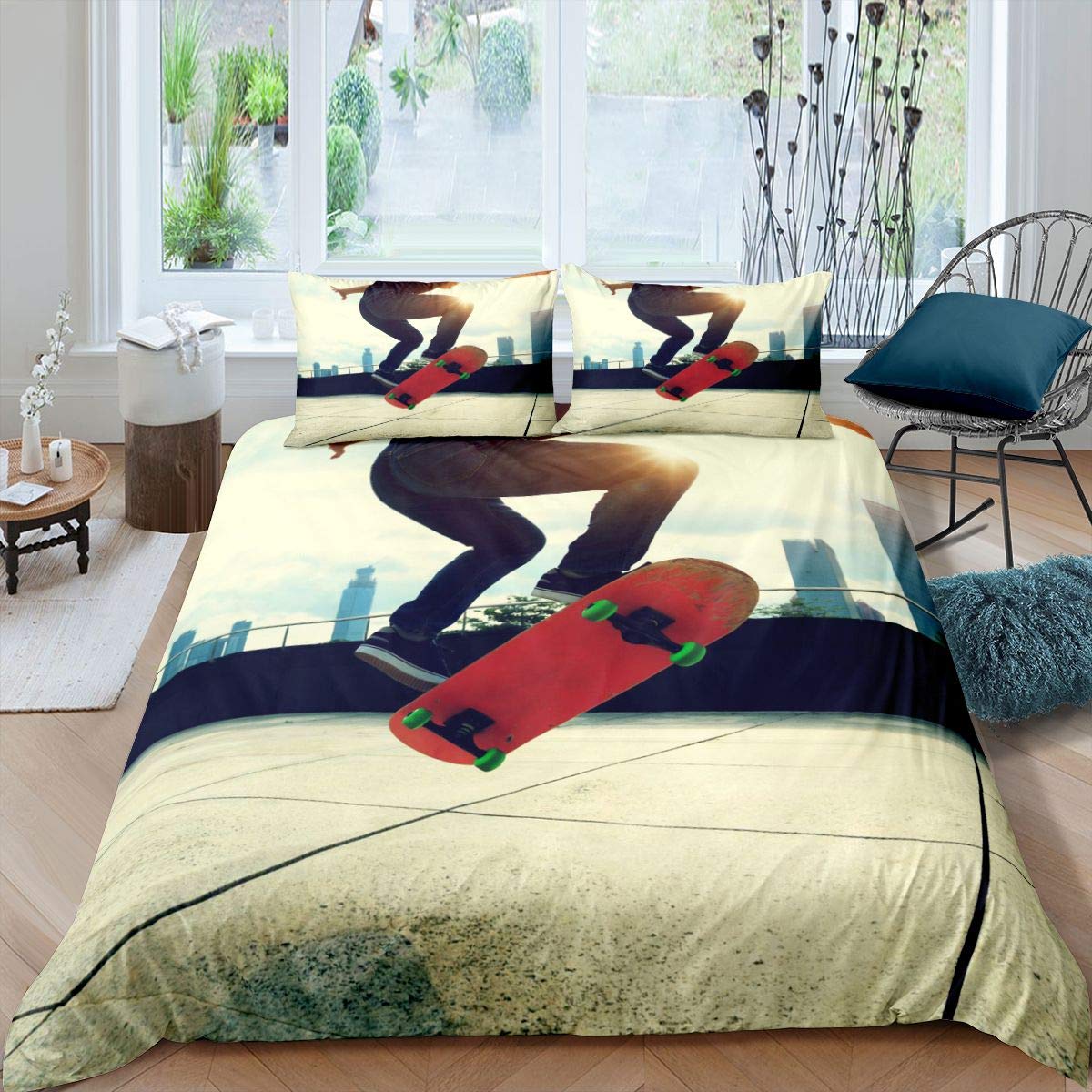 Skateboard Duvet Cover Set for Kids - Youth Hip Hop Street Sports Bedding, Twin Size 2Pcs with Zipper | Vintage Skateboard Design for Boys & Girls Room Decor - Perfect for Skateboard Lovers' Bedroom & Teenager Sports Theme Decor