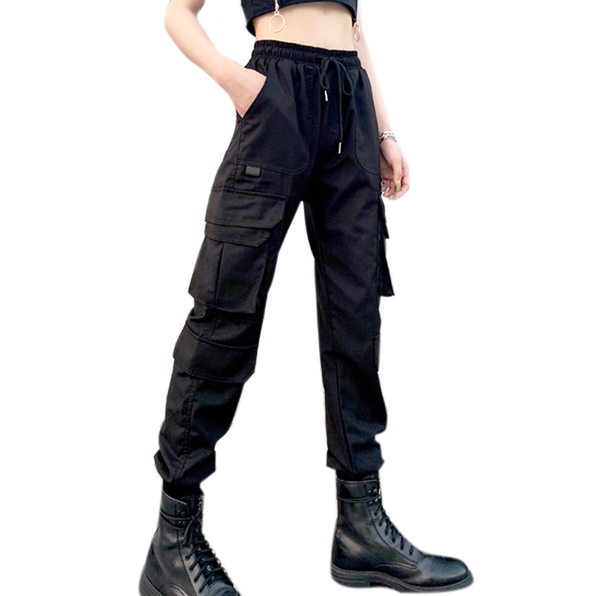 MEINVQIAOTI Women's Gothic Baggy Hip Hop Cargo Sweatpants - High Waist Multi-Pocket Black Joggers for Streetwear & Casual Outfits