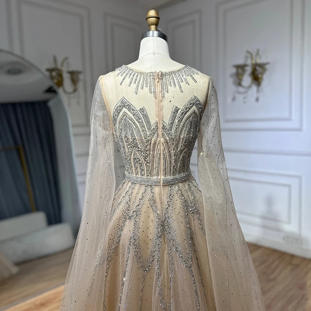Elegant Nude Blue Beaded Long A-Line Arabic Evening Dress with Cape Sleeves for Dubai Luxury Formal Occasions - LA72785 | Perfect for Weddings, Galas, and Special Events