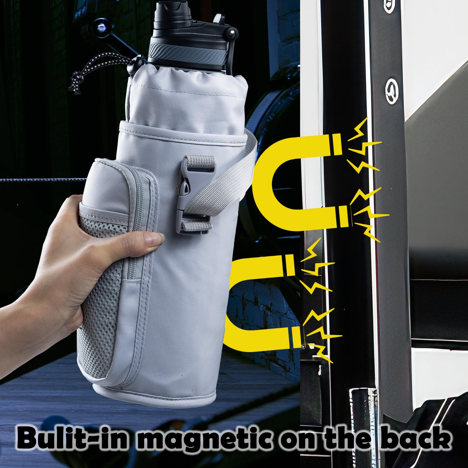 Magnetic Gym Bottle Holder with Phone Pocket - Adjustable Water Bottle Sling Bag for Running, Hiking & Workout Essentials - Perfect for Fitness, Outdoor Sports & Travel Accessories