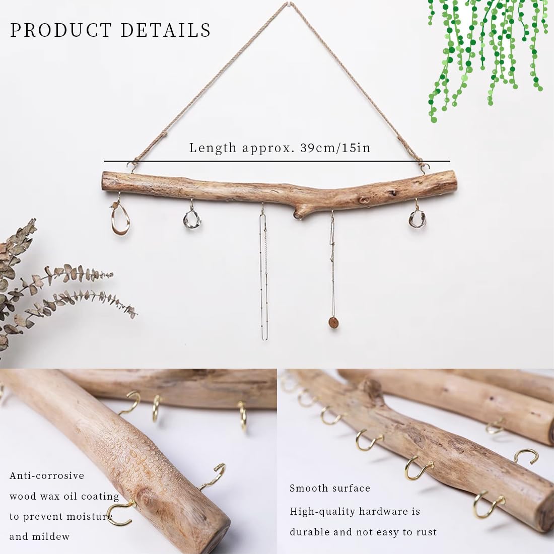 Natural Driftwood for Crafts - 15 Inch Decorative Driftwood Branches with 5 Hooks | Wall Hanging Decor, Jewelry Organizer | Perfect for DIY Home Decor, Beach Theme Parties & Boho Style Room Design