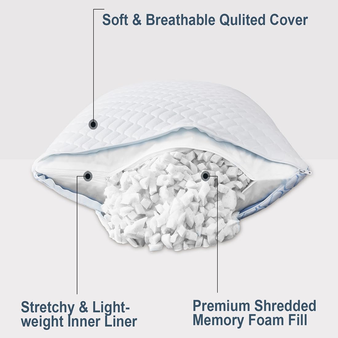 Uniqwamer Cooling Bed Pillows 2 Pack - Shredded Memory Foam Adjustable Pillows for Side & Back Sleepers, Standard Size with Washable Removable Cover - Luxury Gel-Infused Pillows for Hot Sleepers & Night Sweat Relief - Perfect for Bedroom, Guest Room & Travel