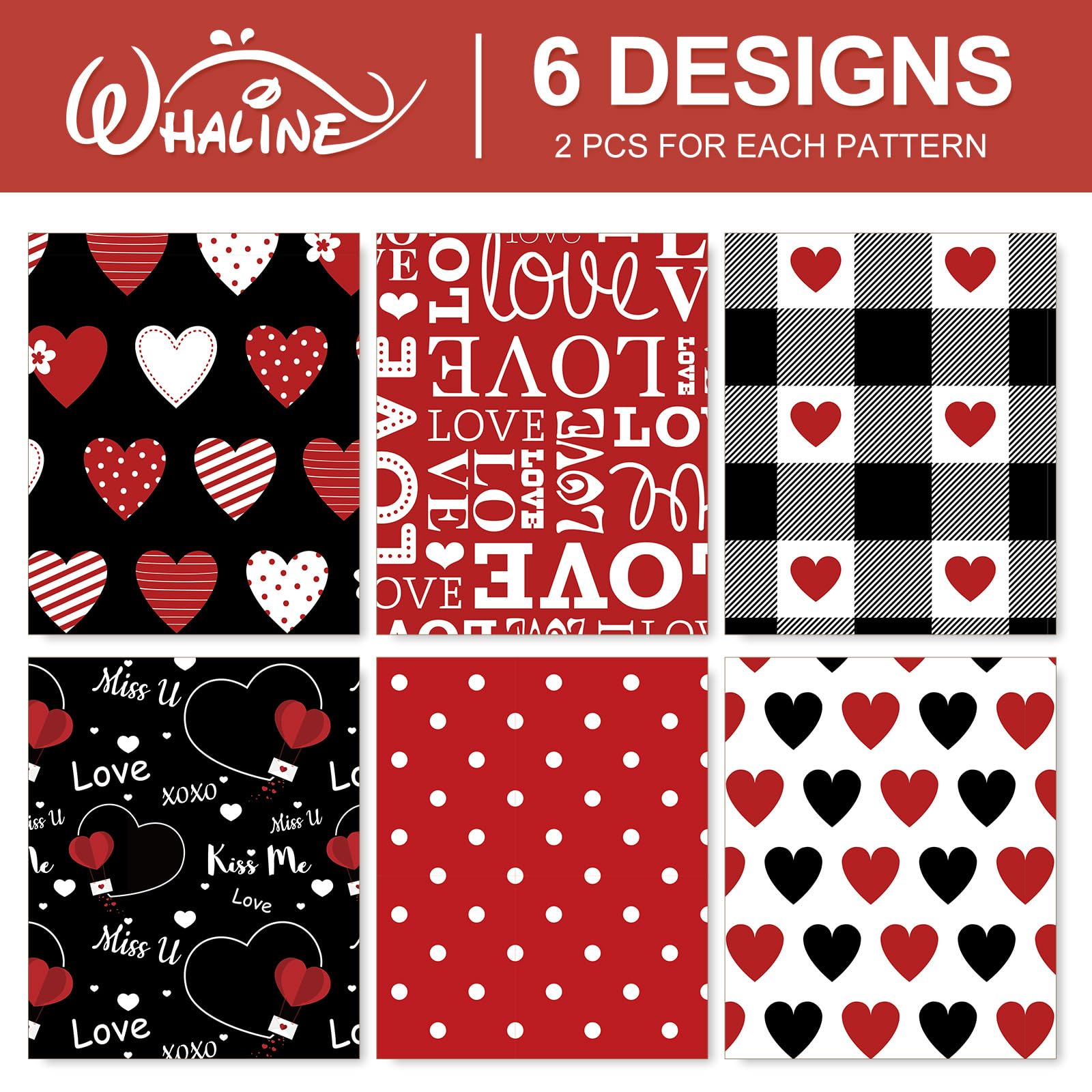 Whaline 12 Sheet Valentine's Day Wrapping Paper - Heart Love Plaid Design, Black Red Gift Wrap Paper Bulk for DIY Crafts, Wedding, Anniversary, Party, Gift Packing Supplies (19.7x27.6 Inch) - Perfect for Christmas, Birthday, Romantic Surprises & Special Occasions